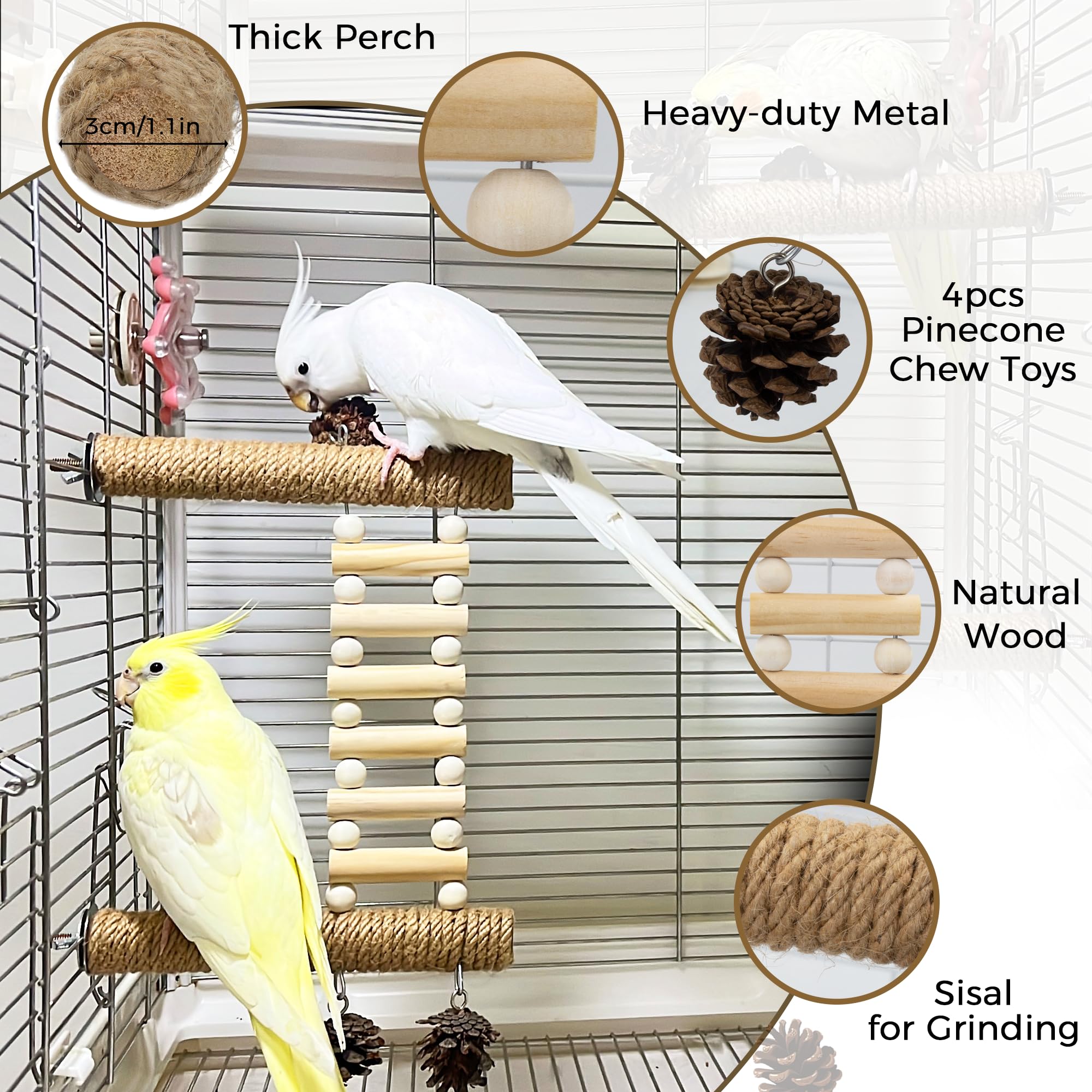 Jevnd Heavy-Duty Wood Bird Ladder Platform, Edible Bird Perches for Cage with Pinecones Chew Toys, Natural Hanging Parrot Perch Bridge, Climbing Play Stand for Parakeet Conure Cockatiel Budgie Quaker - image 2