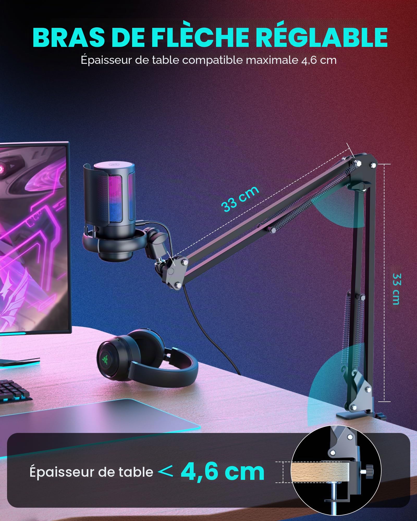 Micro Gaming PC - USB Microphone avec Bras pour Mac, PS4 & PS5 - Bouton De Silence, Fixation Antichoc - pour Le Streaming, Les Jeux, Les Podcasts