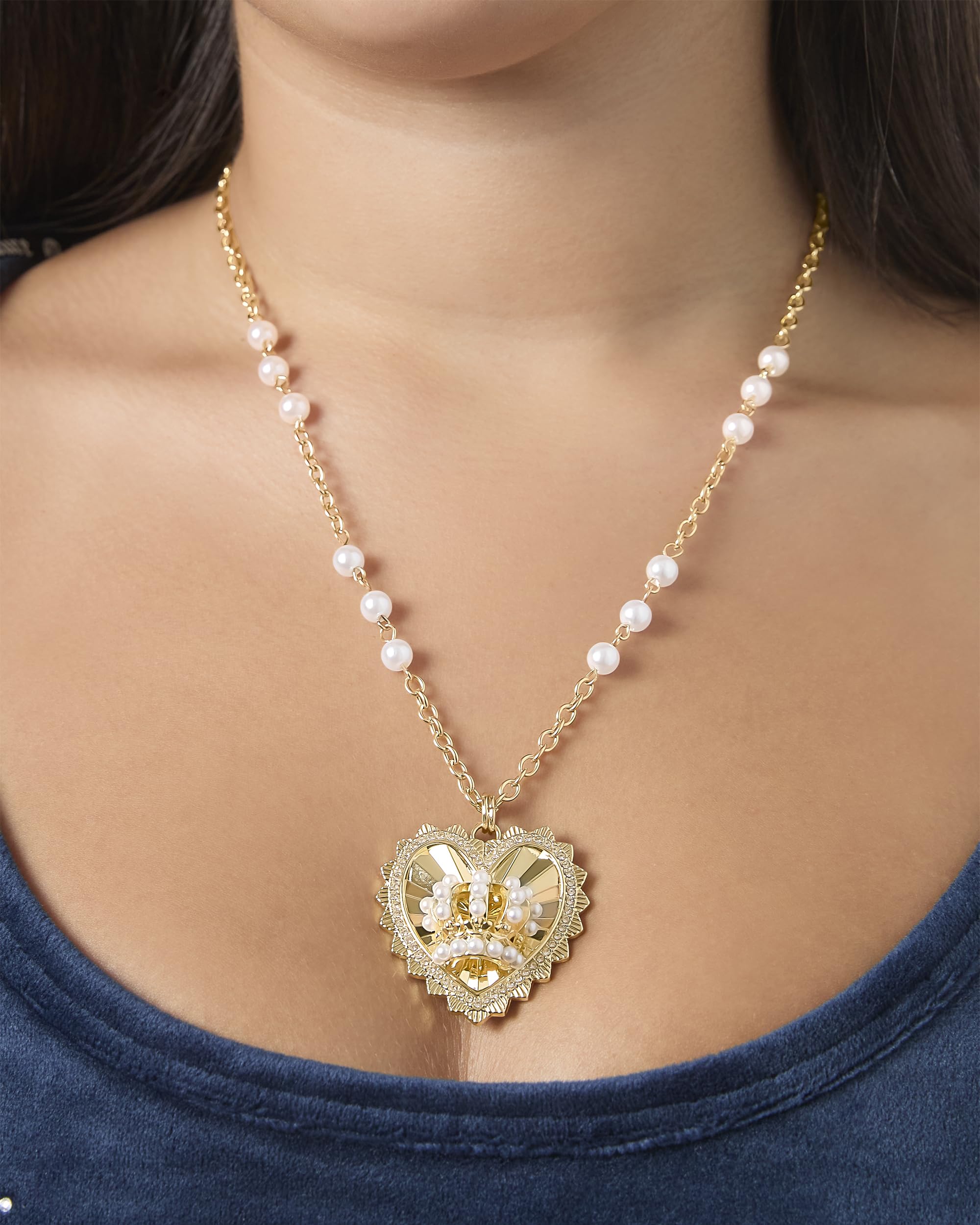 Juicy Couture Logo Crown Heart Necklace for Women, 20"+2" Gold-Tone with Crystals and Faux Pearls