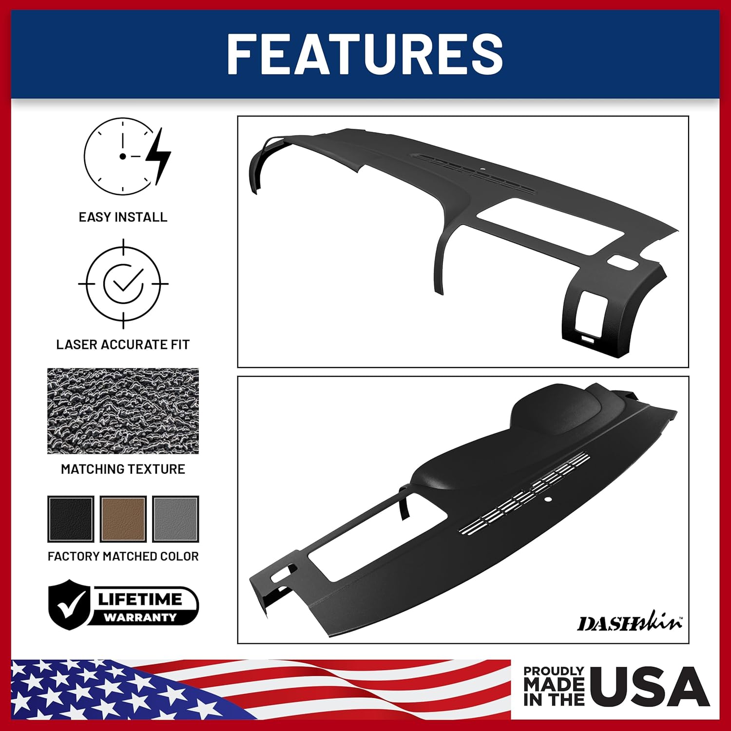 DashSkin Dash Cover Compatible with 2007-2013 Chevy Silverado & GMC Sierra in Ebony Black - Hard Molded Plastic Dashboard Cap