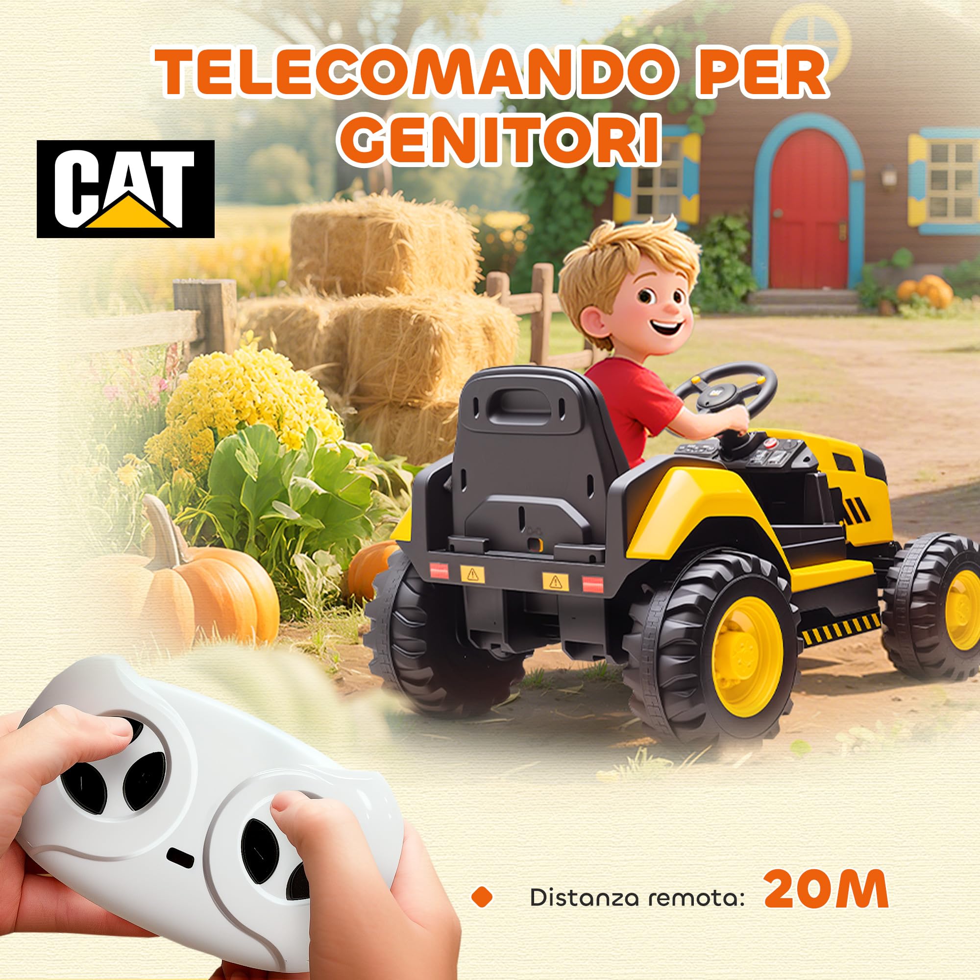 AIYAPLAY Trattore Elettrica per Bambini 3-6 Anni Licenza CAT, 12V Macchina Elettrica Escavatore Giocattolo Cavalcabile con 2 Motori, Sospensioni, Telecomando, Luci, Musica, USB e Bluetooth, Giallo