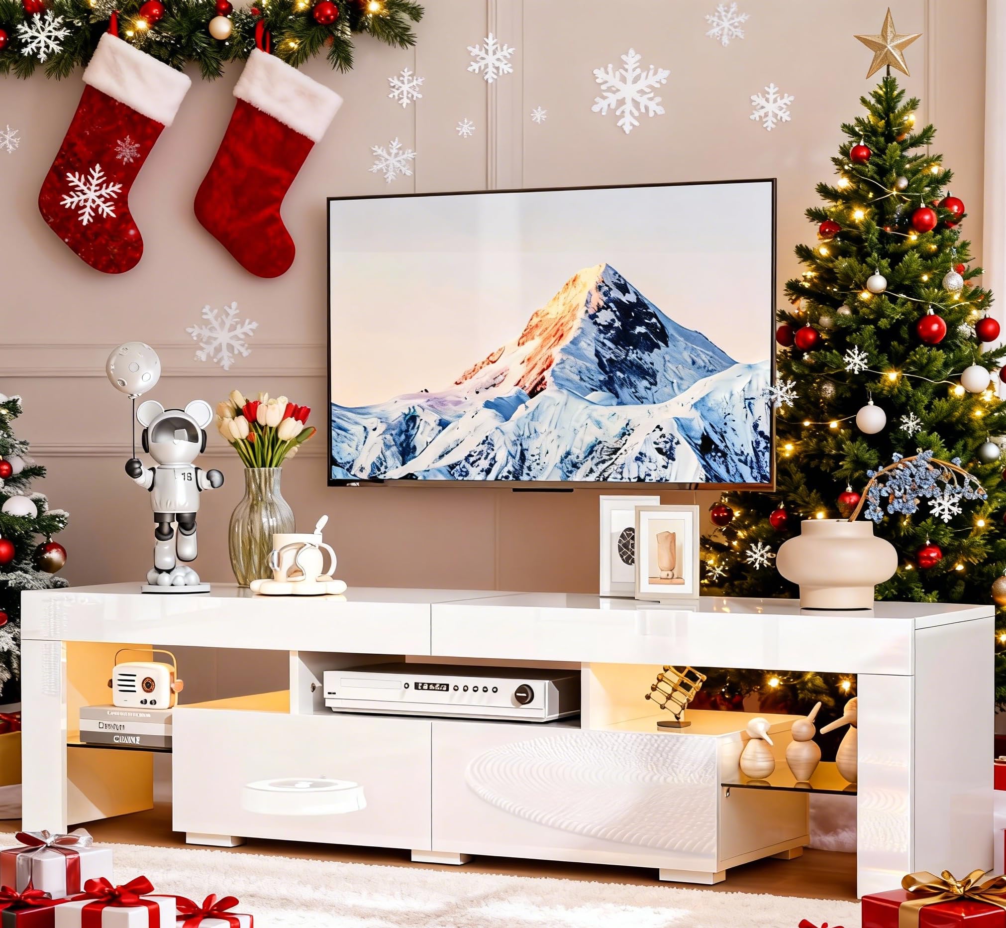 Bonnlo 63" LED TV Stand, Modern White Entertainment Center with Storage and LED Lights for 55/60/65/70 Inch TVs, High Gloss Design for Living Room and