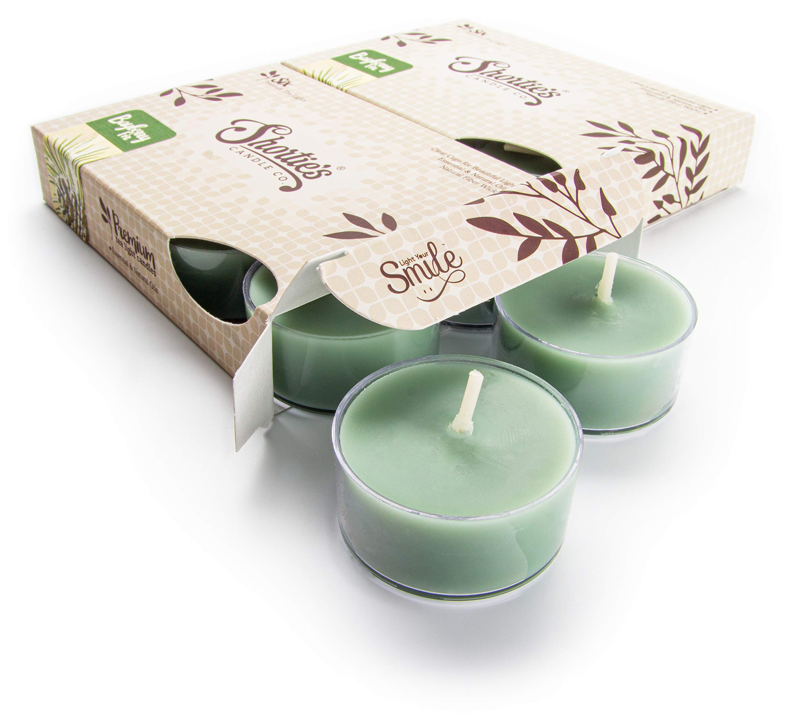 Shortie's Candle Company Bayberry Fir Tealight Candles Multi Pack (12 Green Highly Scented Tea Lights) - Made with Natural Oils - Clear Cup for Beautiful Candlelight - Christmas & Holiday Collection