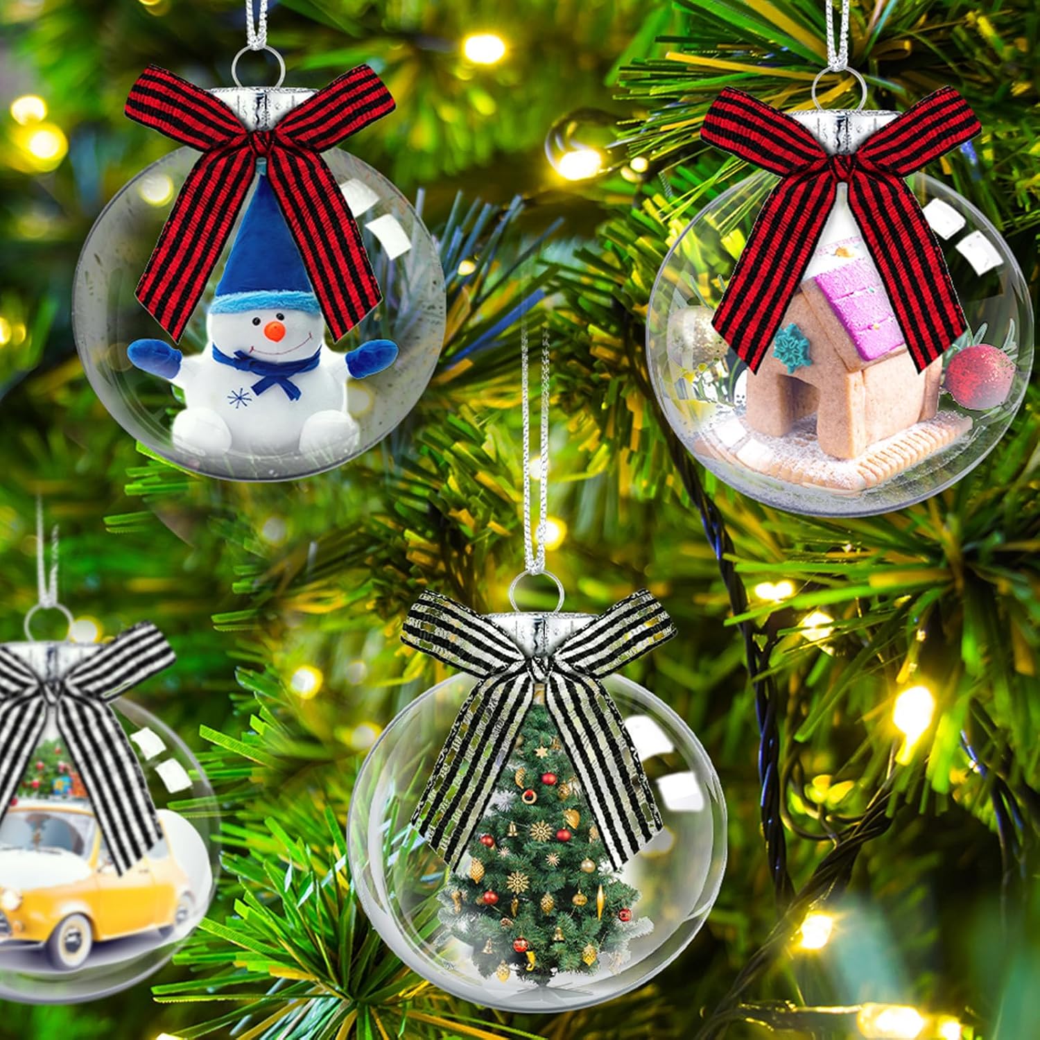 Yookeer 64 Pcs Christmas Ornaments Plastic Discs Clear Iridescent Fillable Balls with Silver Cap and Black White Red Buffalo Plaid Bows for Craft DIY Tree Wreath Decoration (Clear,3.94 Inch)