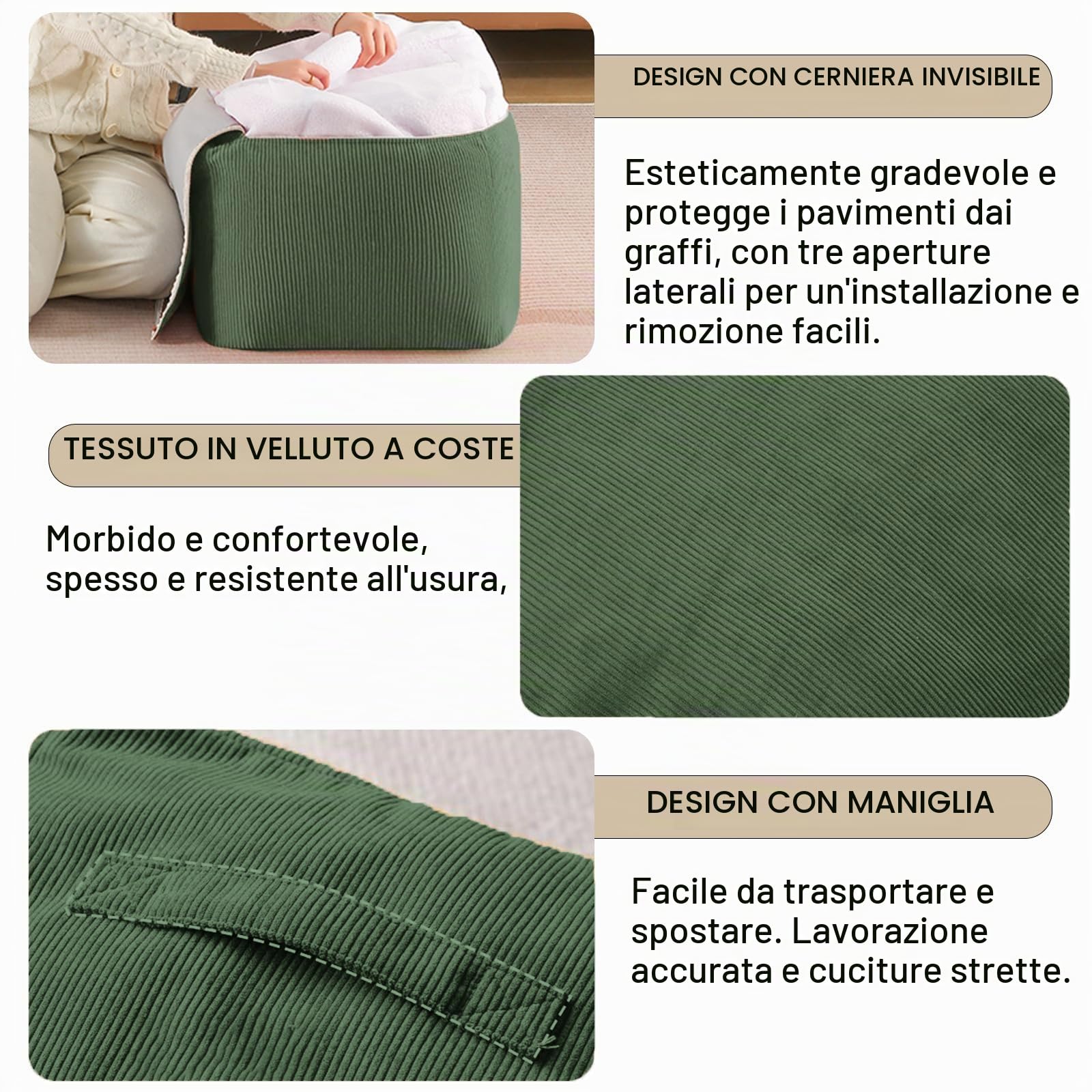 Pouf ottomano non imbottito Velluto a coste Puff Poggiapiedi quadrato Con maniglia per soggiorno, camera da letto (Verde,40-40-30cm)