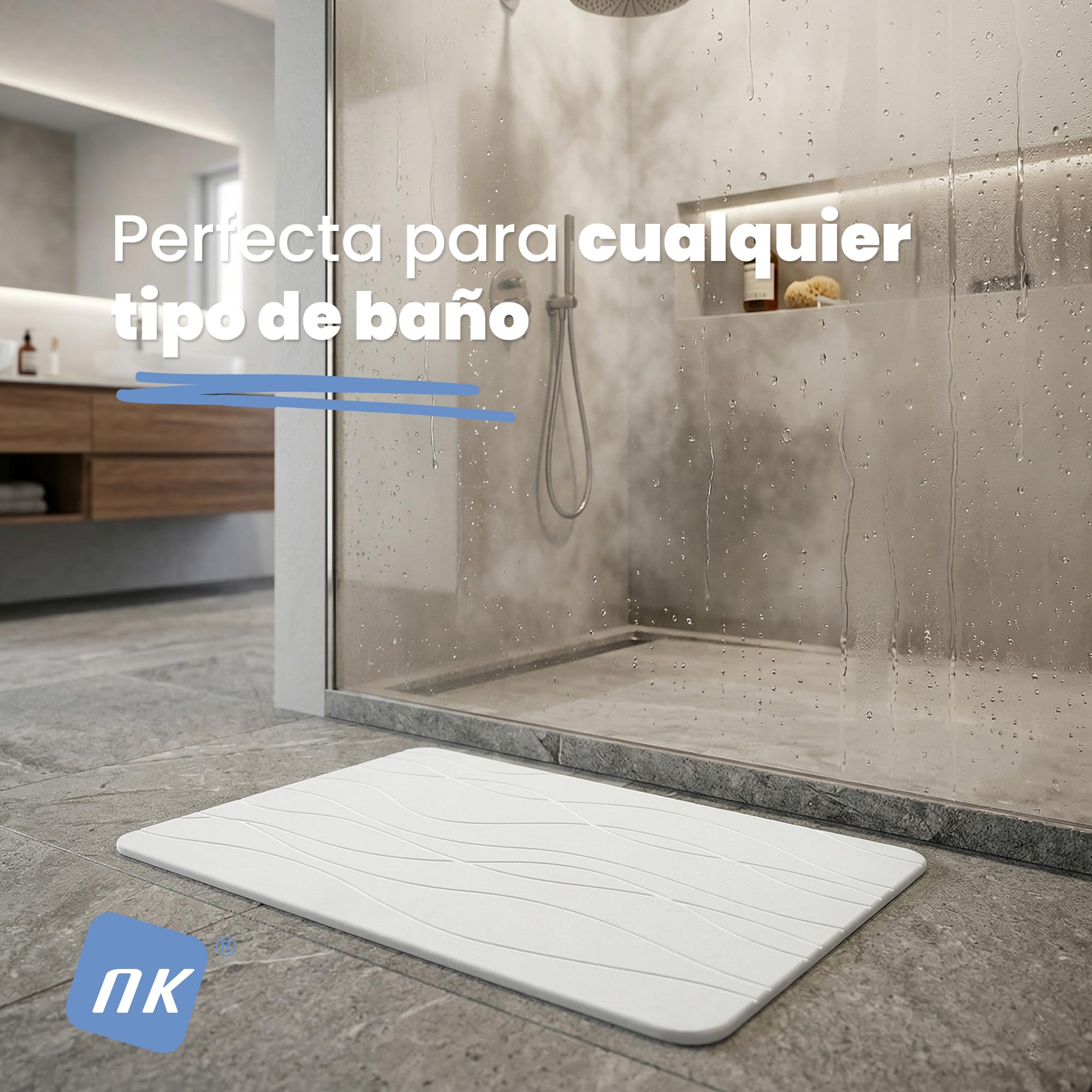 NK Alfombra Diatomita Baño 60 x 40 cm - Alfombrilla de Piedra Super Absorbente, Secado Rápido y Antideslizante para Ducha, Stone Bath Mat (Blanco)