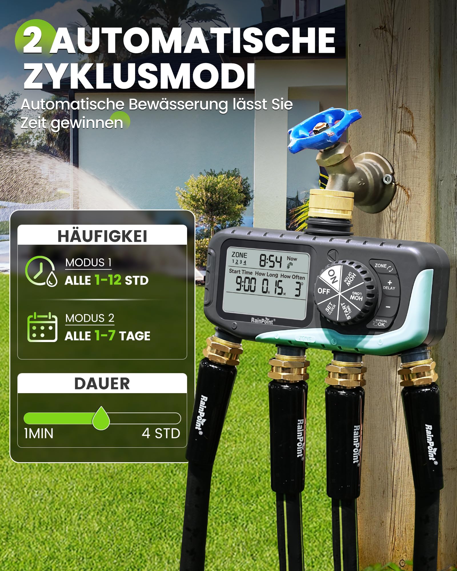 RAINPOINT Bewässerungscomputer 4 Ausgänge, Messing Einlass und Auslass, IP65 Wasserdicht Wasserzeitschaltuhr mit Regenverzögerung/Manueller Bewässerung, Automatische Bewässerung für Rasen und Garten
