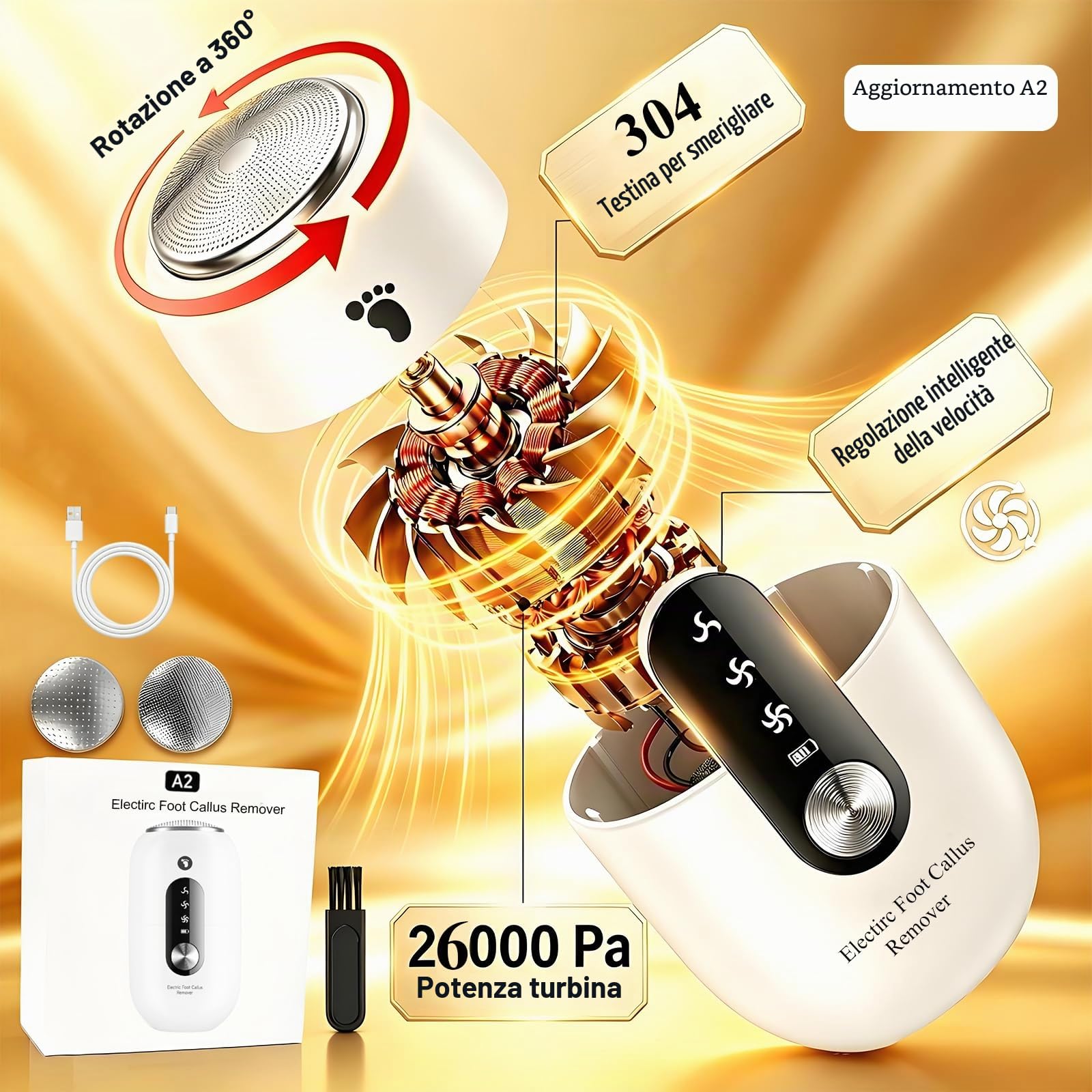 Lima Elettrica per Piedi, Strumento per Calli dei Piedi, Levigatore Elettrico per Talloni, Pedicure Elettrico con 3 Velocità, 2 Testine in Acciaio Inox, IPX6 Impermeabile, Ricaricabile USB