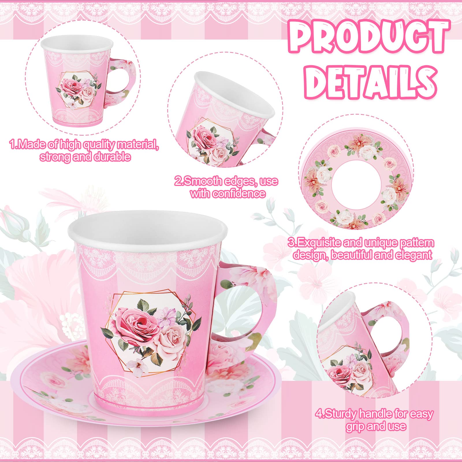Zopeal 100 Pcs Tea Party Decorations Includes 50 Disposable Blossom Party Paper Tea Cups and 50 Plates, Floral Paper Tea Cups and Saucers for Hot Cold Drink Wedding Birthday Baby Bridal Shower (Pink)