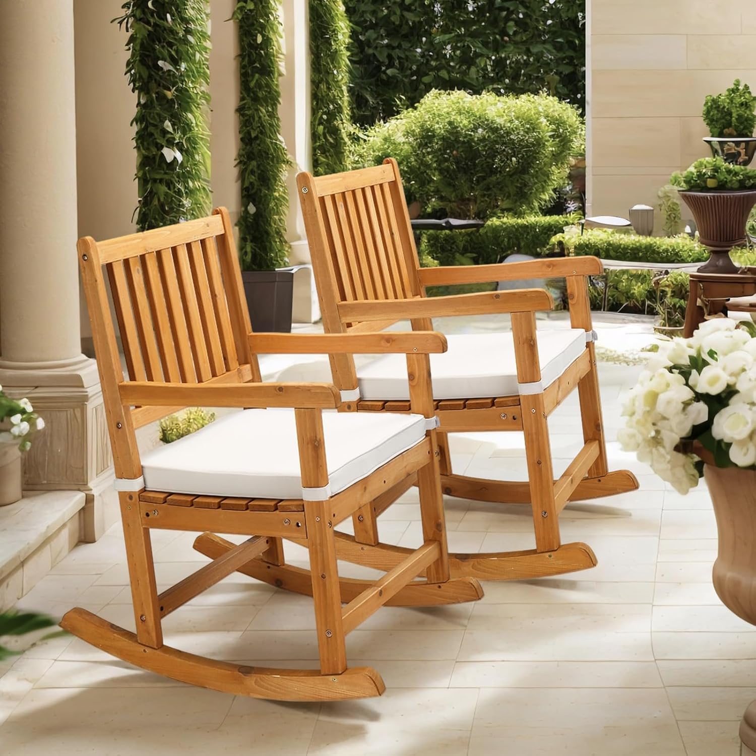 VINGLI Oversized Rocking Chair, Wooden Rocking Chair with High Back, Outside Porch Rocking Chair for Patio, Yard, Garden, 550 LBS, Teak (Teak, 2 PCS)