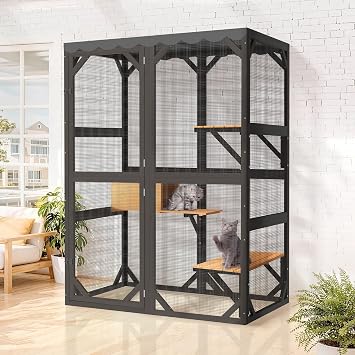 X-Zone Catio Outdoor Cat Enclosure with 3 Platforms, 1 Resting Boxes, Wood Patio for Cats Outside with Weatherproof Roof, Walk-in Cat Cage House for Indoor Outdoor, Black