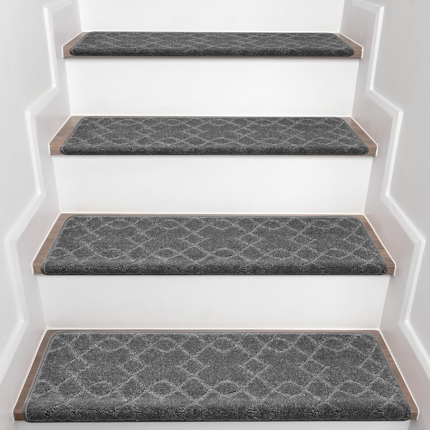 Bullnose Carpet Stair Treads, Stairs Carpet Non Slip 4 Pack, Stair Step Rugs 30"x9.5"x1.2", Soft, Reusable, Peel and Stick Stair Treads for Wooden Steps Indoor (Grey, Diamond Pattern) 30"x9.5"x1.2" Grey 4
