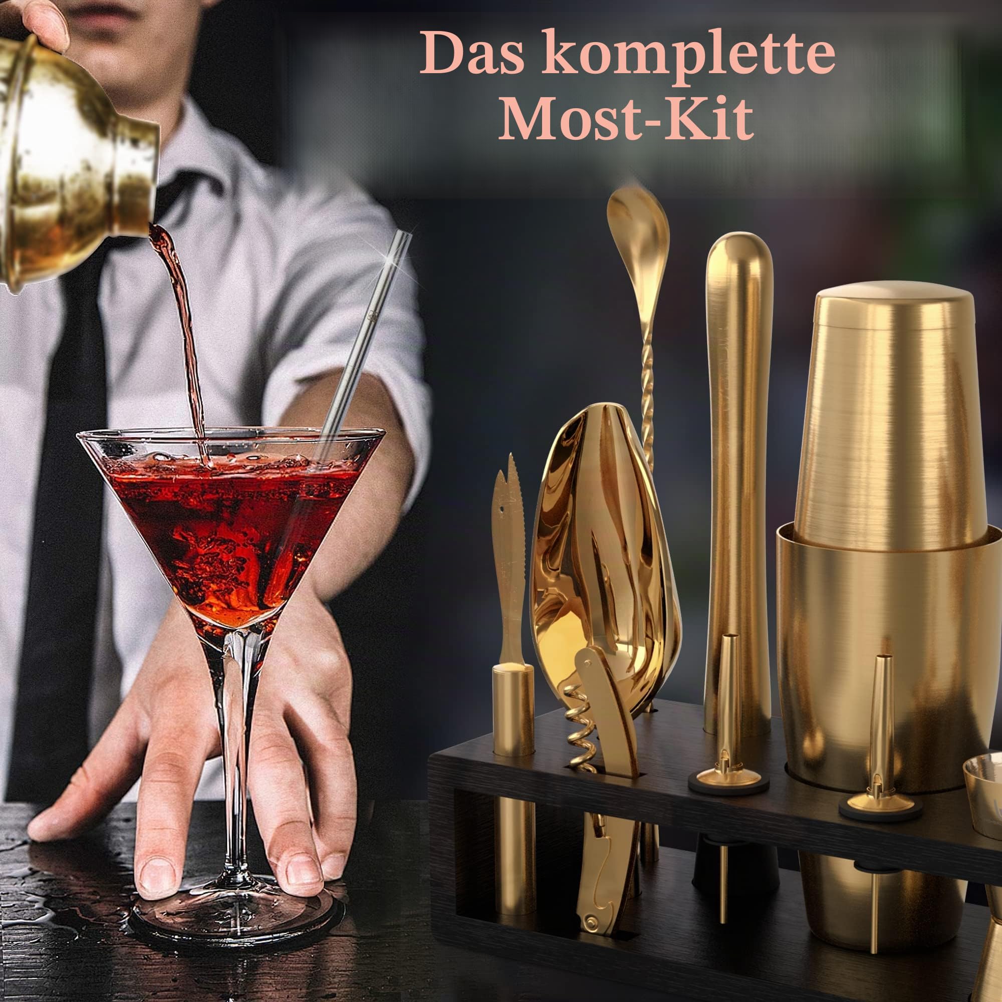 Highball & Chaser Barkeeper-Set mit schwarzem Bambusständer, schönes Cocktail-Shaker-Set und Bar-Werkzeuge, Edelstahl, Boston Shaker, Barkeeper-Kit mit Ständer (antikes Gold)