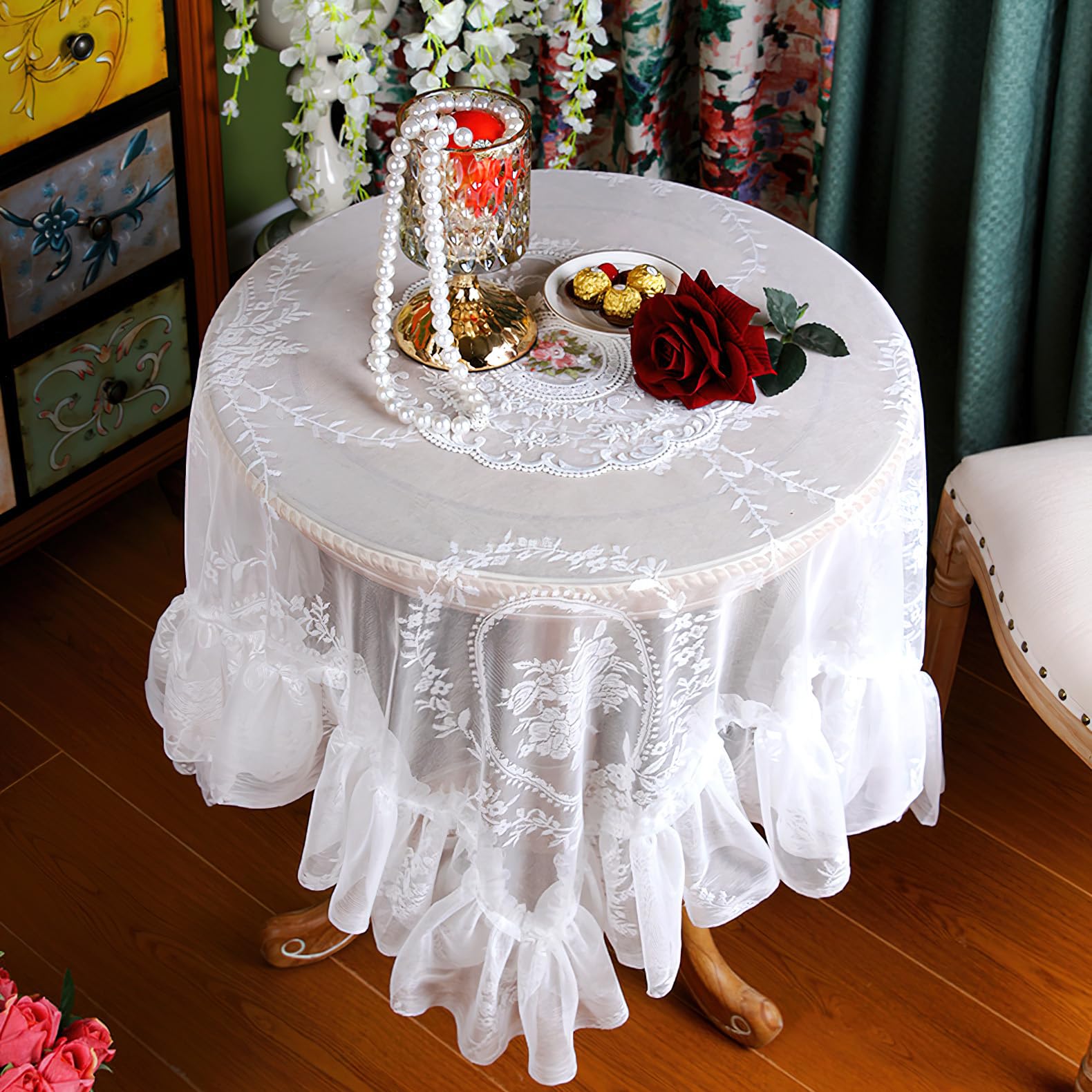 auons Vintage White Lace Tablecloth Flowers Embroidered Ruffles Square Table Cloth - Image 2