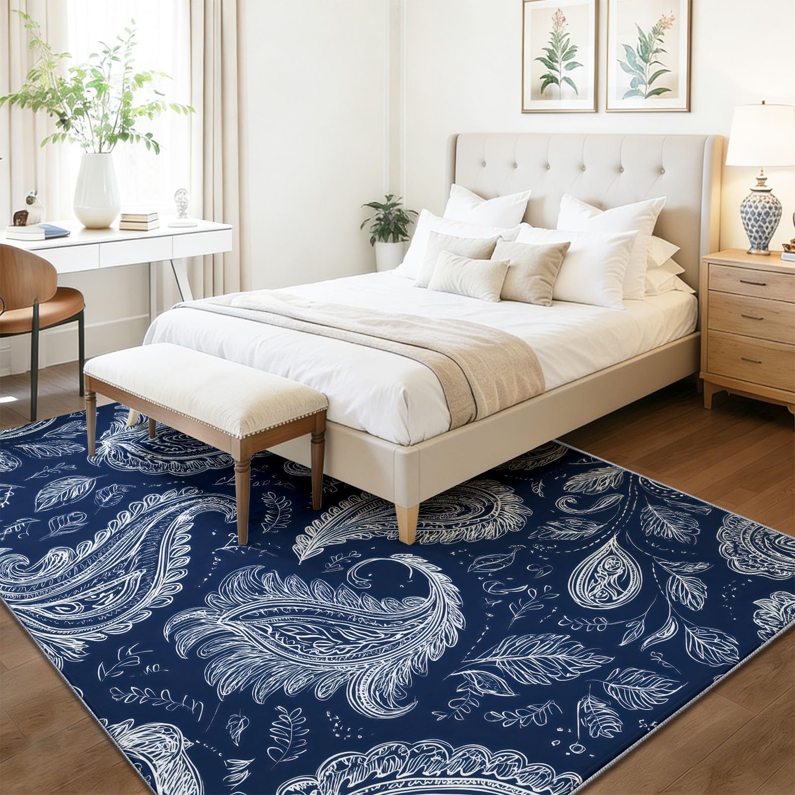 Dywan do salonu, można prać w pralce, 160 x 230 cm, dywan Paisley, antypoślizgowy, białe liście kwiatów nerkowca, niskie runo, nie gubi włosia, nadruk, do jadalni, domu, biura, sypialni