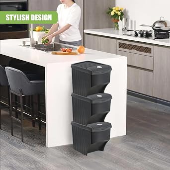 GEEZY 22L Grey Open Fronted Set Of 3 Large Stackable Waste Recycling Bins With lids Indoor Outdoor Kitchen Garden Durable Plastic Dustbin With Guided Stickers