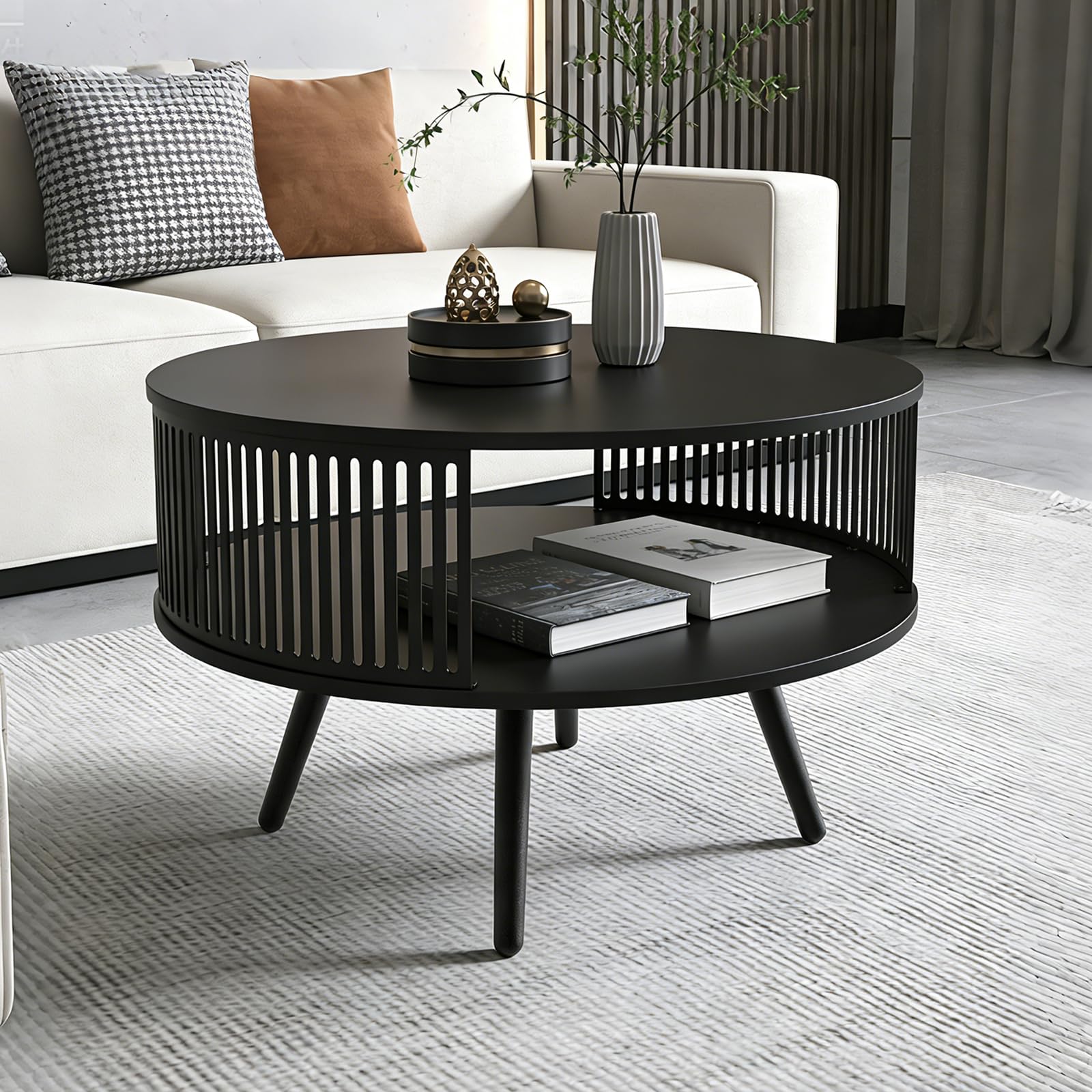 Runder Couchtisch Ø 75 cm mit Ablage, Wohnzimmertisch Schwarz