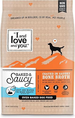 "I and love and you" Baked & Saucy - Alimento seco para perros con revestimiento de salsa, pollo + batata, bolsa de 21 libras
