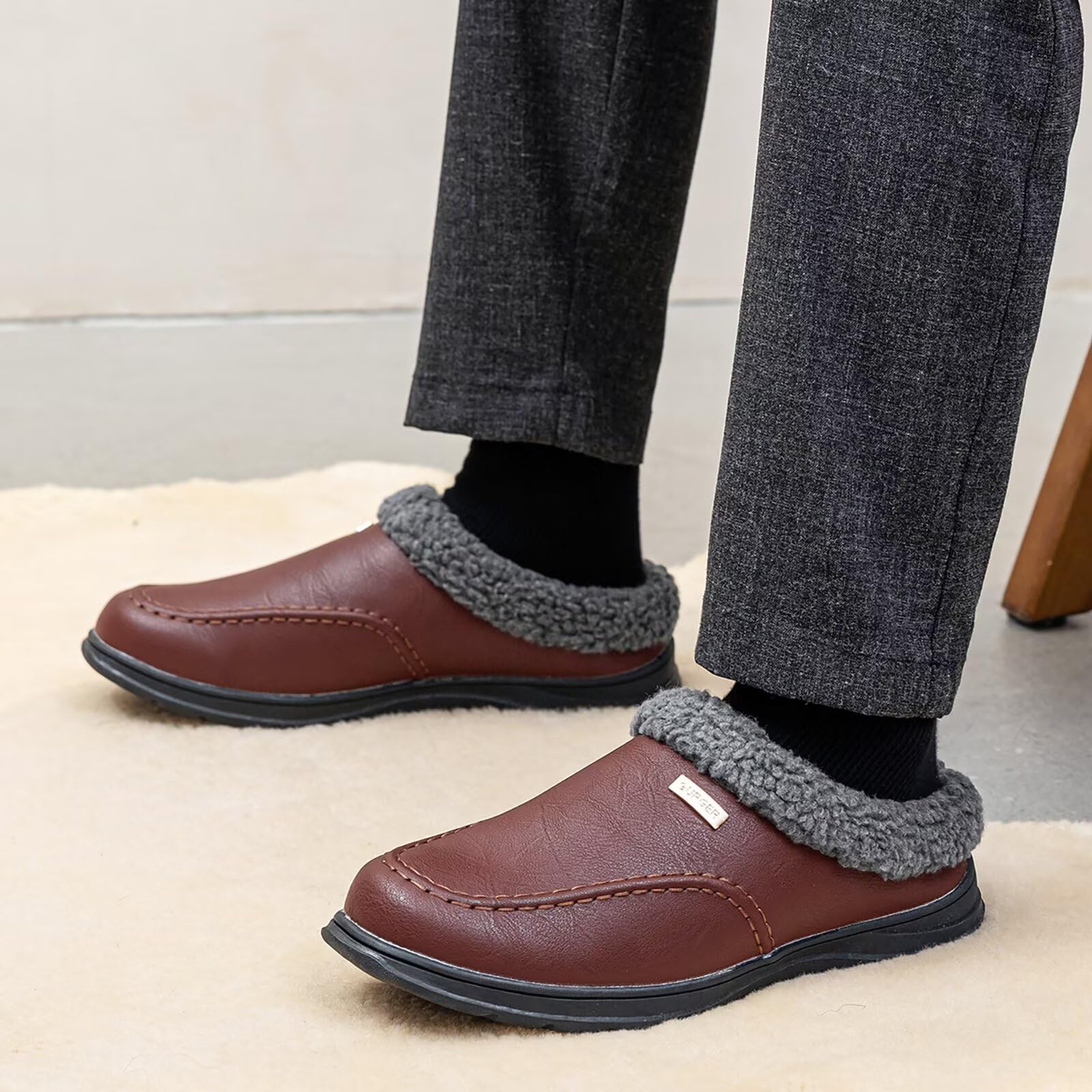 Zapatillas de Casa Hombre Cuero Invierno Forro Cálido Antideslizantes Zuecos y Mules