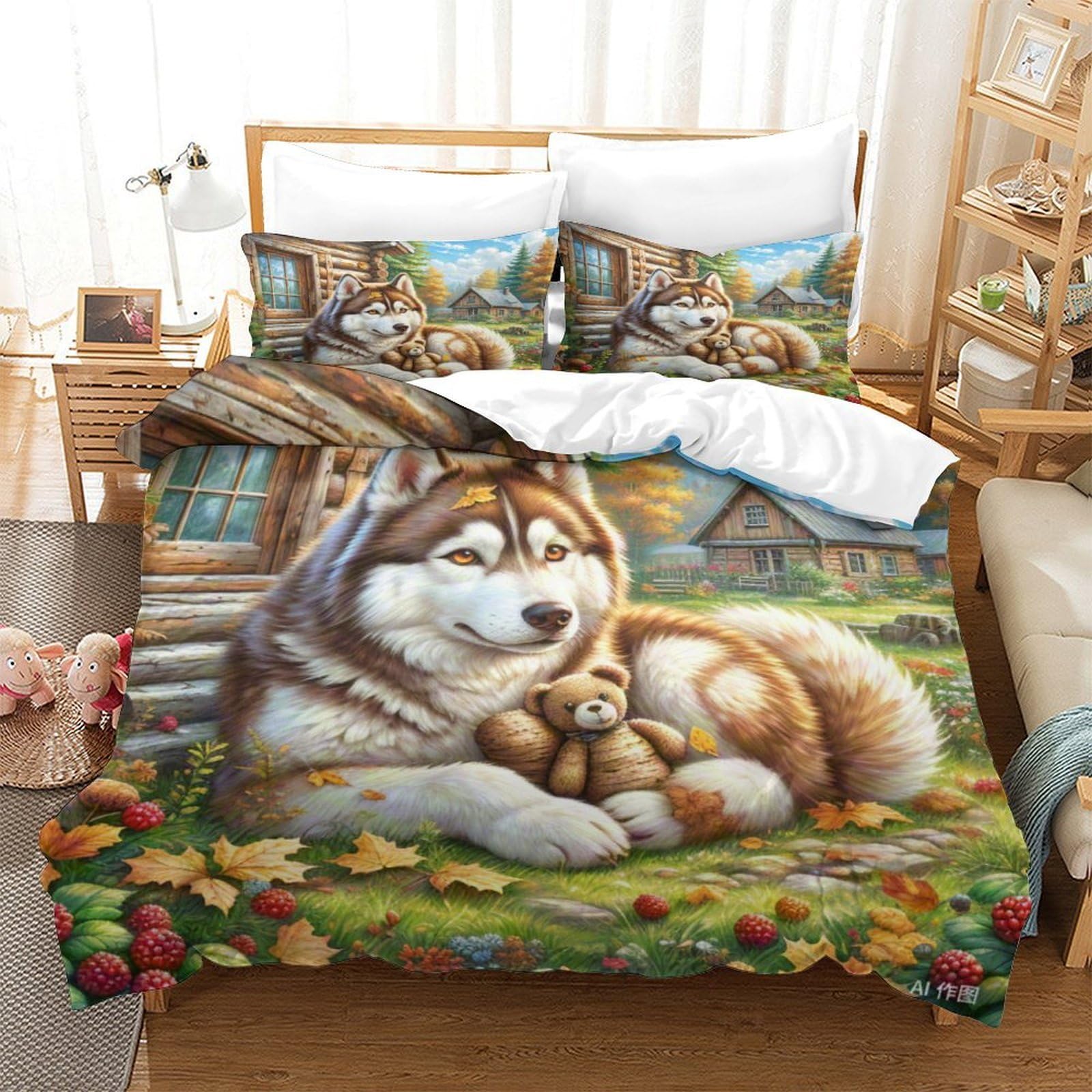 Housse de couette Husky sibérien 3D microfibre anti-pli lit 260x220cm