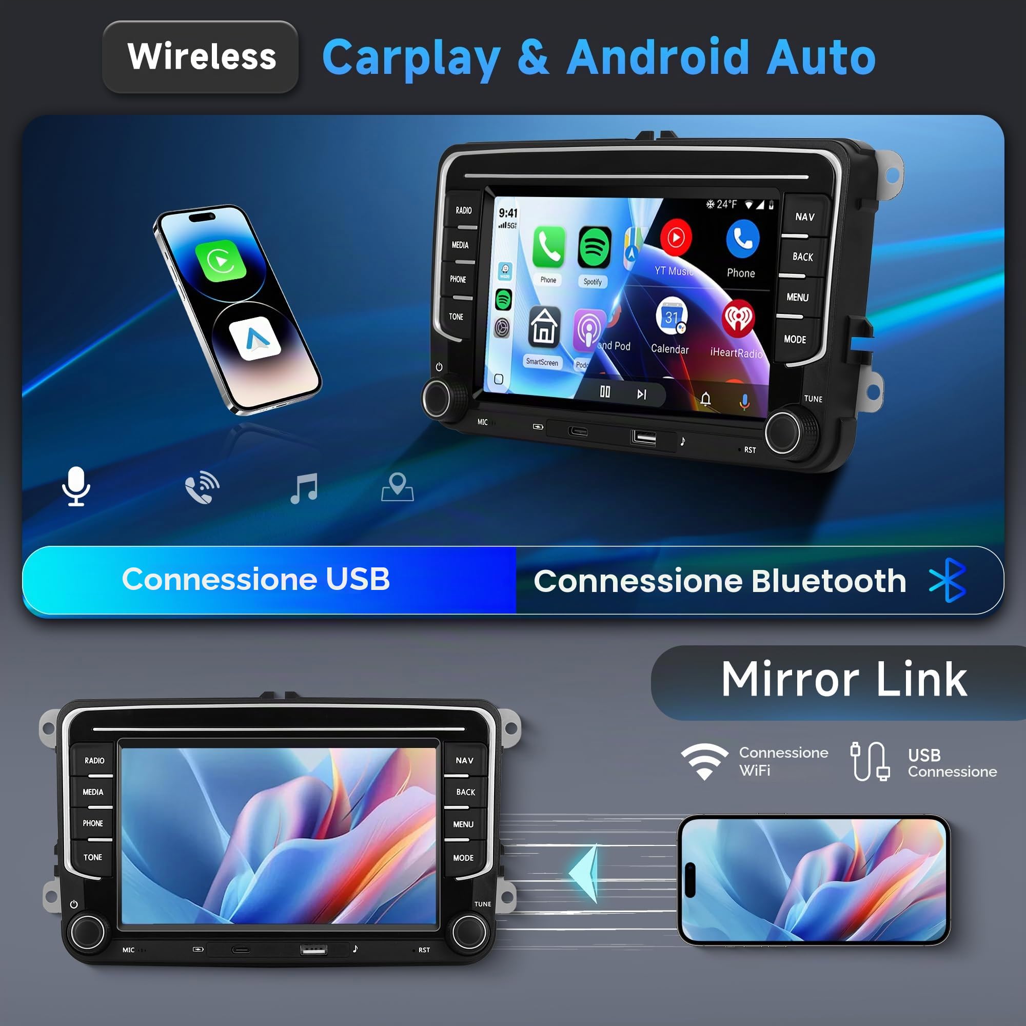 4G+64G 7" Autoradio Android per VW Golf 5 6 Passat Jetta Caddy EOS T5 Tiguan Touran CC Polo Wireless Carplay Autoradio 2 Din con Android Auto GPS Navi WiFi Bluetooth FM/RDS/EQ Telecamera Posteriore