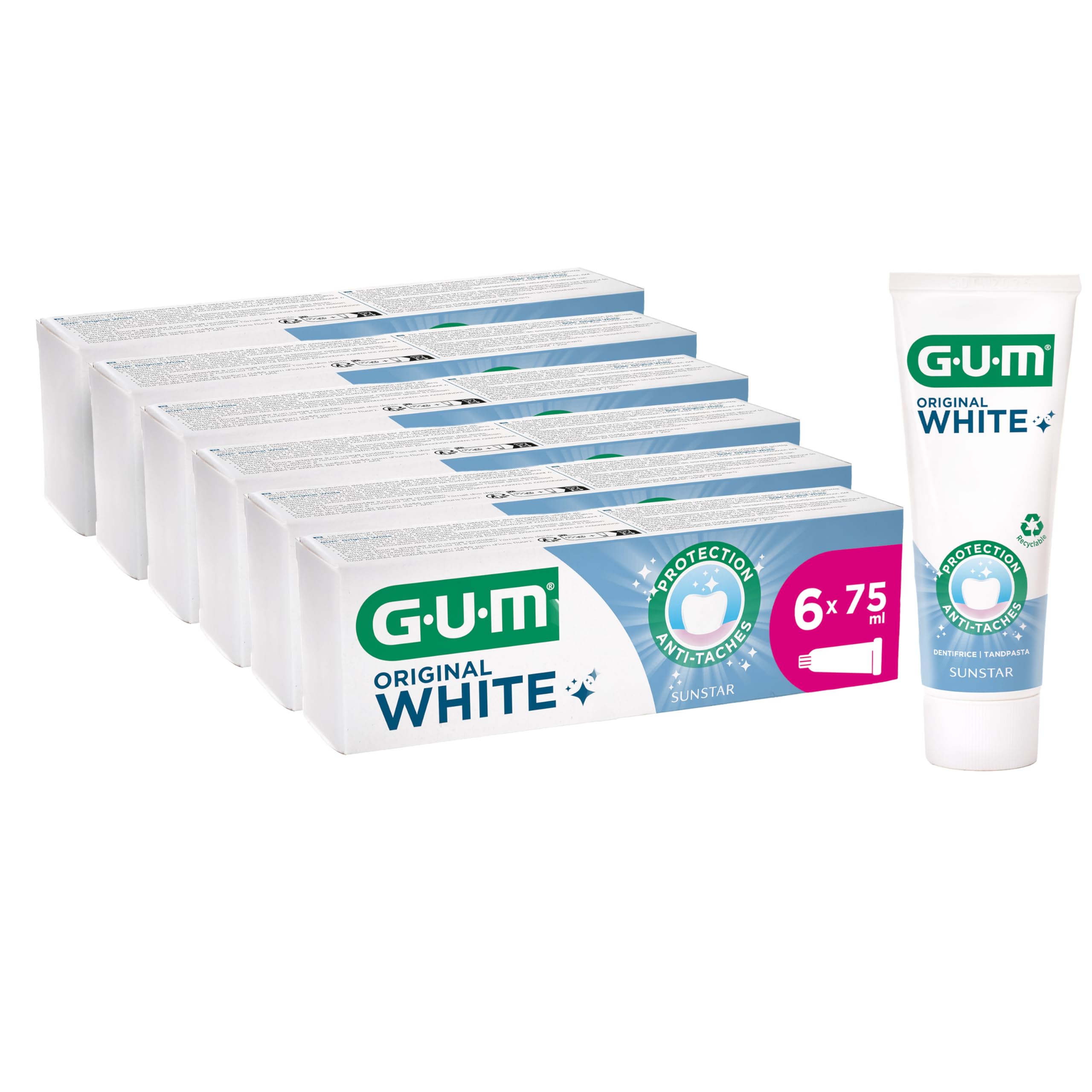 GUM Pasta de dientes blanca original | restaura la blancura original de los dientes sin ingredientes nocivos | Fluoruro e isomalt protegen el esmalte | 6 x 75