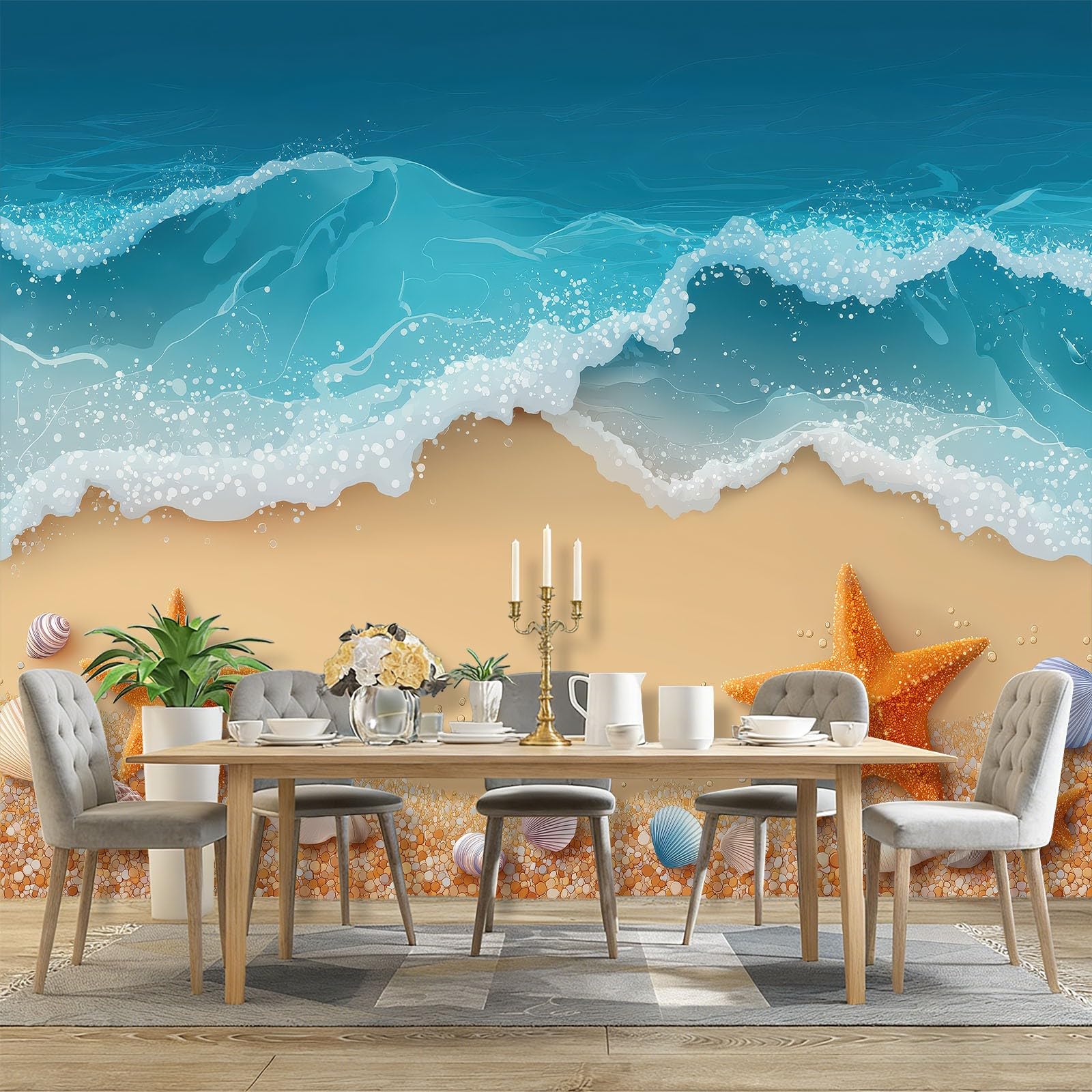 WTD Fototapete Minimalistic Modern 250 x 175 cm Papel pintado de fieltro efecto 3D playa ola estrella de mar grande foto papel pintado dormitorio salón oficina papel pintado decoración de pared