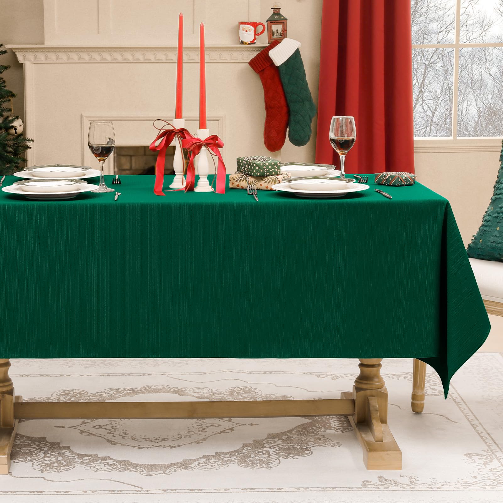 Softalker Christmas Green Tablecloth Xmas Table Cloth Wipe Clean Rectangular 140x 240 cm Jacquard Tablecloths Water Resistant Table Cover for Party Dining Festive Decorations Winter,55x94 inch — image 1