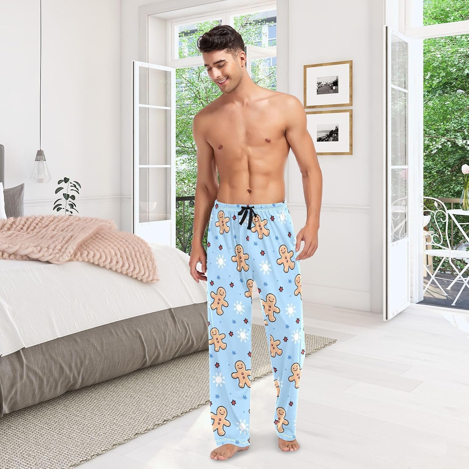 ALAZA Gingerbread Man Snowflake Men's Pajama Pants Men Cotton Pajama Bottoms with Pockets, S