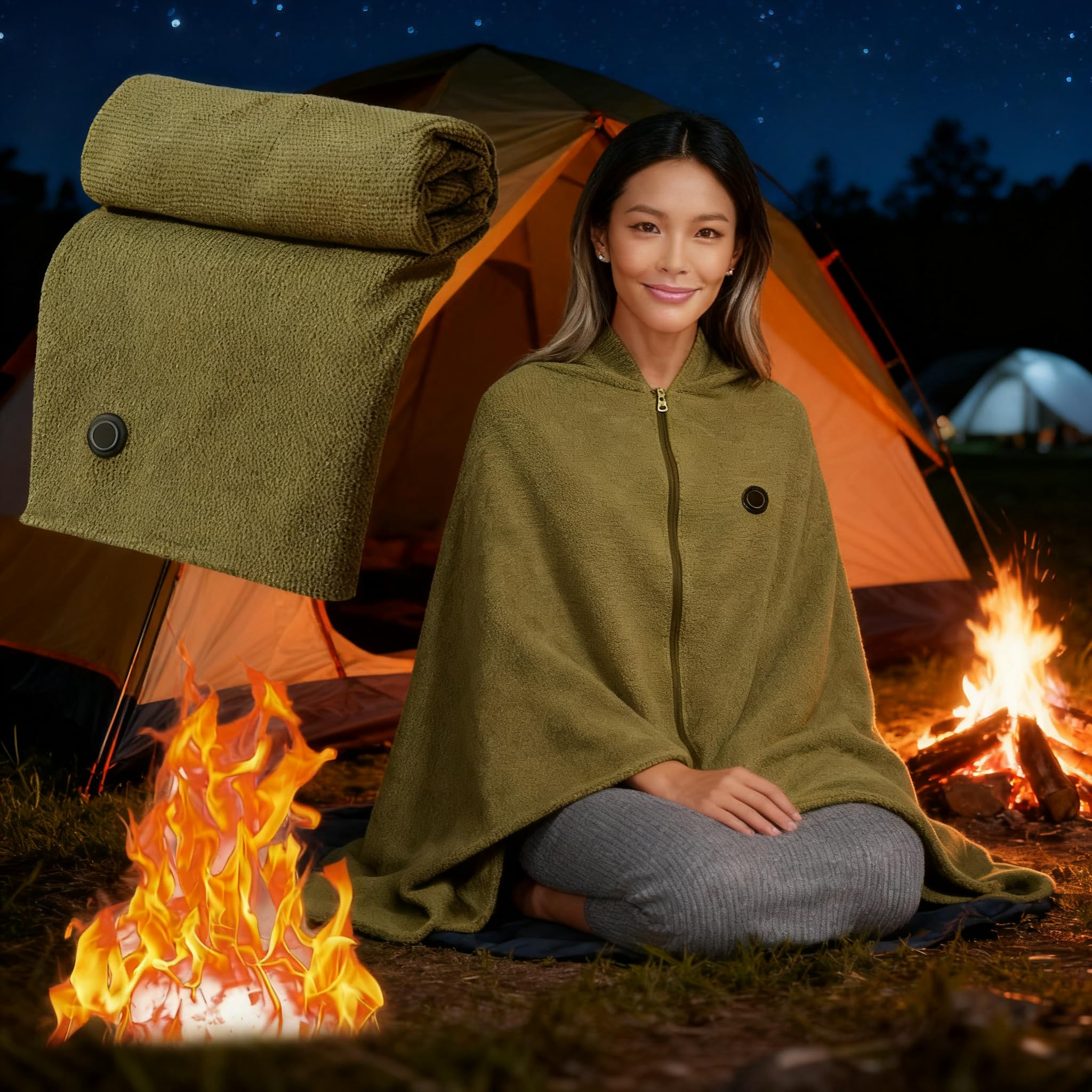 Heizdecke mit Akku Kabellos, 150x80cm Elektrische Heizdecke USB mit 3 Heizung, Wärmedecke Elektrisch Kabellos, Tragbare Beheizte Schals für Büro, Reisen, Camping, Schnelle Erwärmung (Grün)