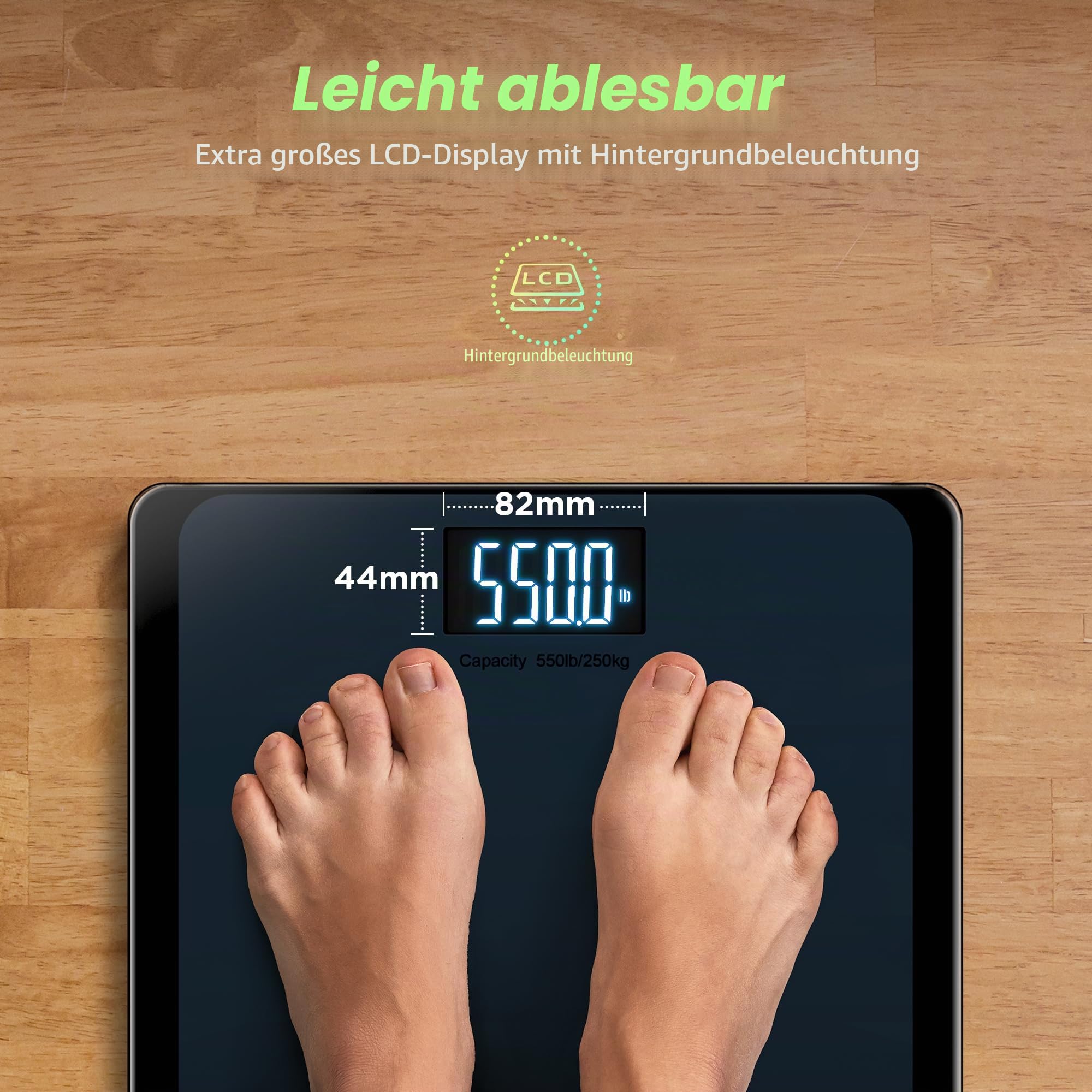 RunStar Digitale Personenwaage, Tragkraft bis 250 kg, 8 mm Sicherheitsglas, hochpräzise Sensoren, mit extragroßer Trittfläche und großem LCD-Display, Step-on-Technologie, Blau-Schwarz