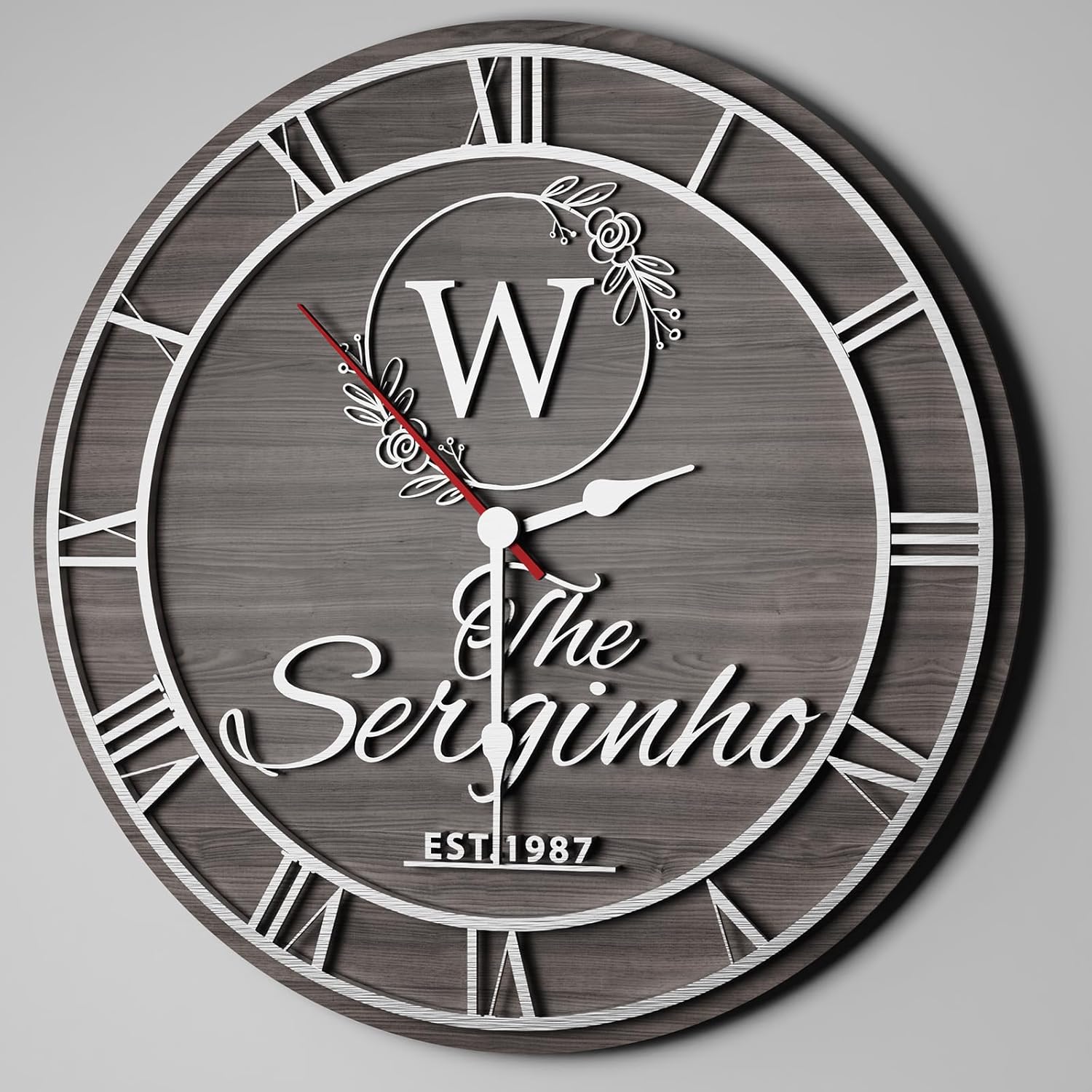 Vstarner Personalized Wall Clock Custom Vintage Wooden Clock, Customized Family Name Letter Round Clock for Living Room, Office