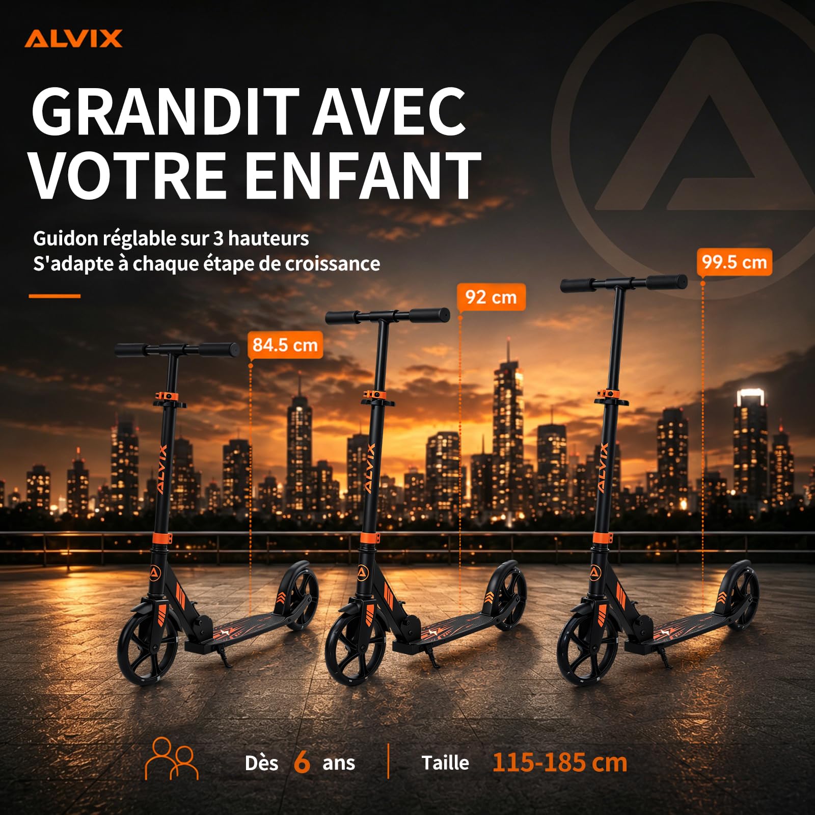 ALVIX Trottinette pour enfant avec roues lumineuses LED, hauteur réglable à partir de 6 ans, roues de 200 mm, trottinette pliable avec sangle de transport, large plateau, jusqu'à 100 kg