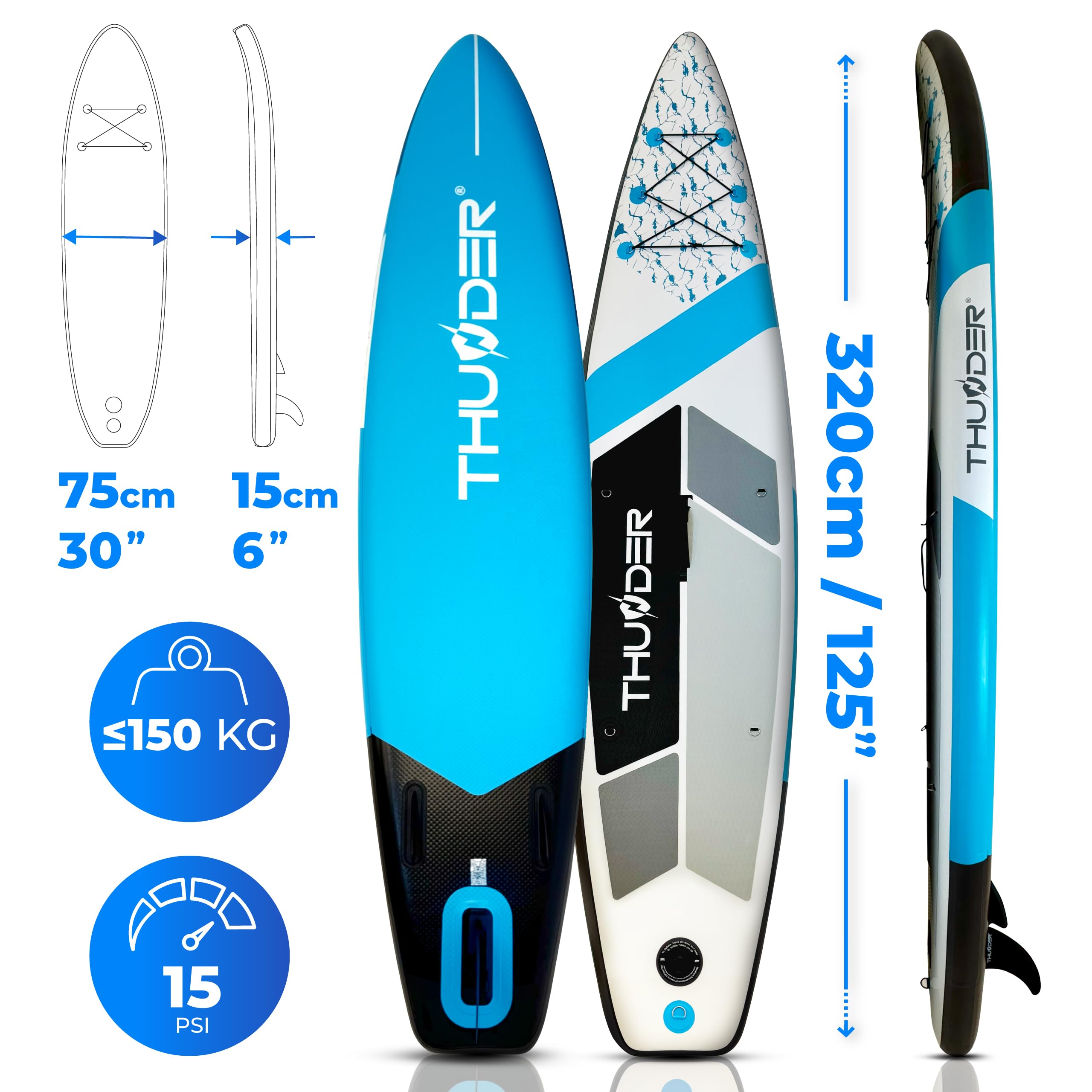 THUNDER SUP Board Gonfiabile 320 cm con Sedile da Kayak – Set Stand Up Paddle Board con Pagaia, Pompa e Zaino – Extra Stabile, Antiscivolo e Ideale per Adulti e Principianti