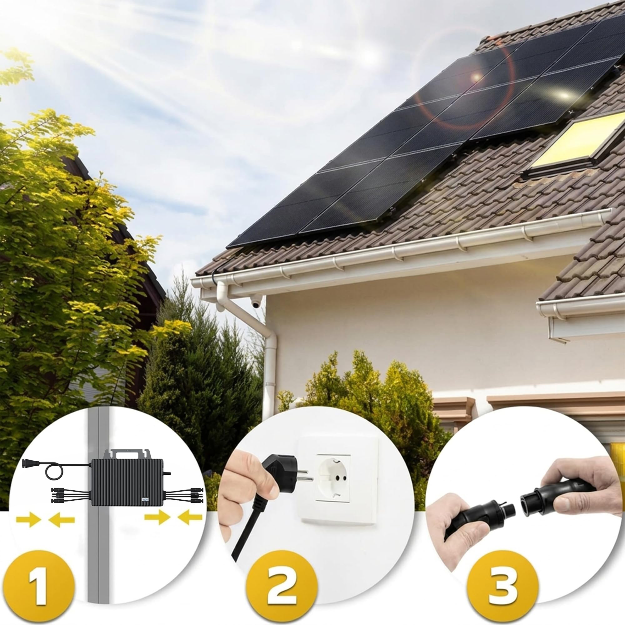 SUNNIVA® 2000W Balkonkraftwerk BIFAZIAL FULLBLACK komplett Steckdose TSUN 2000 Watt Wechselrichter, Solaranlage Komplettset, 4x 500W N-Type Glas Bifacial Solarmodule, 5m Kabel, 4x 2.5m Solarkabel