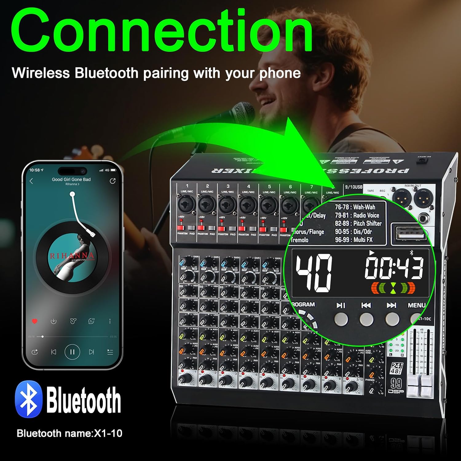 MICNAUX X1-10Channel Audio Mixer Bluetooth Connection