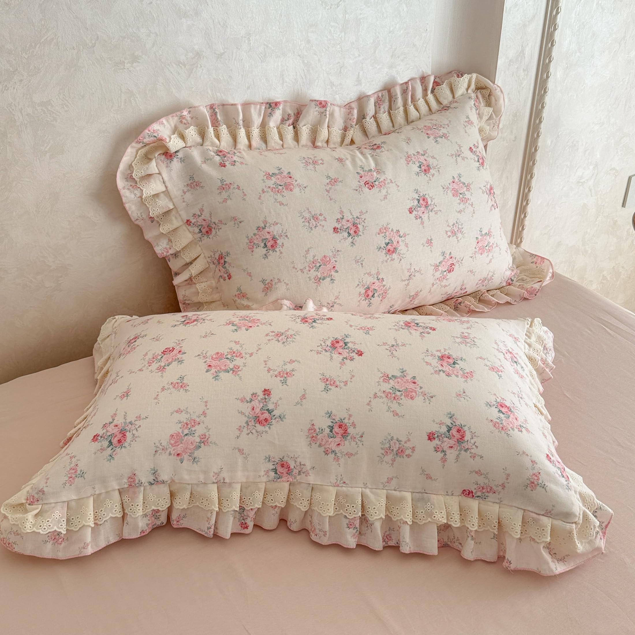 GETIYA Rosa Blumen Bettwäsche 135x200 Baumwolle Doppelgarn Bettbezug Damen Mädchen Baumwollgarn Bettwäsche Set mit Rüschen Weich Baumwolle Deckenbezug Blümchen Muster mit 1 Kissenbezug 80x80