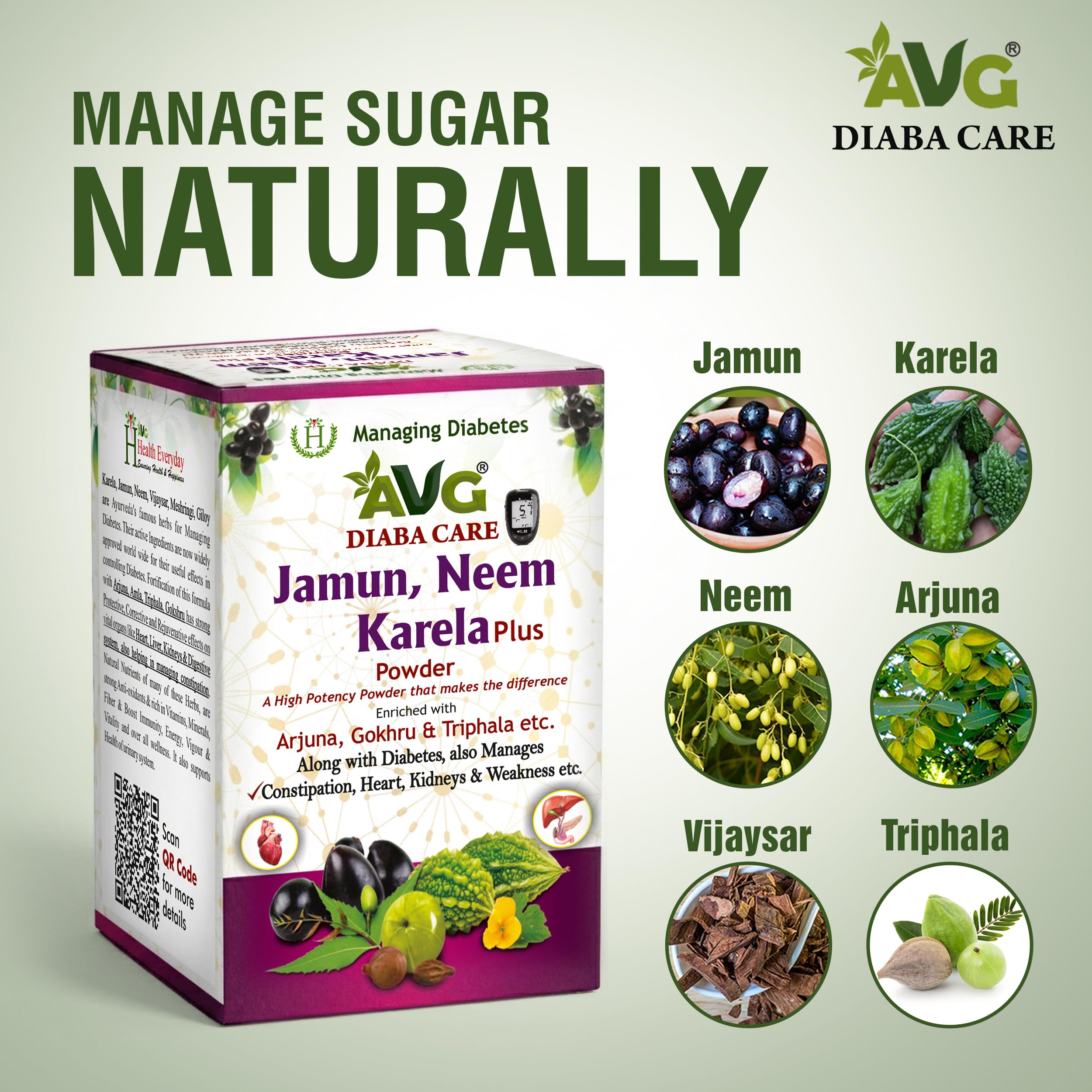 AVG Health Organics Diaba Care Karela Jamun Neem Powder 200gm each, Pack of 2 Diabetes Care Ayurvedic Supplement with Arjuna, Gokhru & Triphala, Helps in Relieving Constipation 3