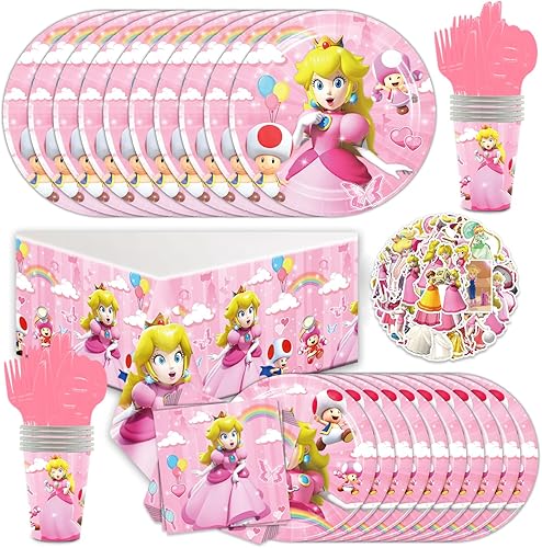 Miniatura 1 de 131 piezas de vajilla de fiesta de melocotón princesa para Mario, 50 calcomanías, 20 platos, 20 servilletas, 10 cuchillos, tenedores y cucharas, 10