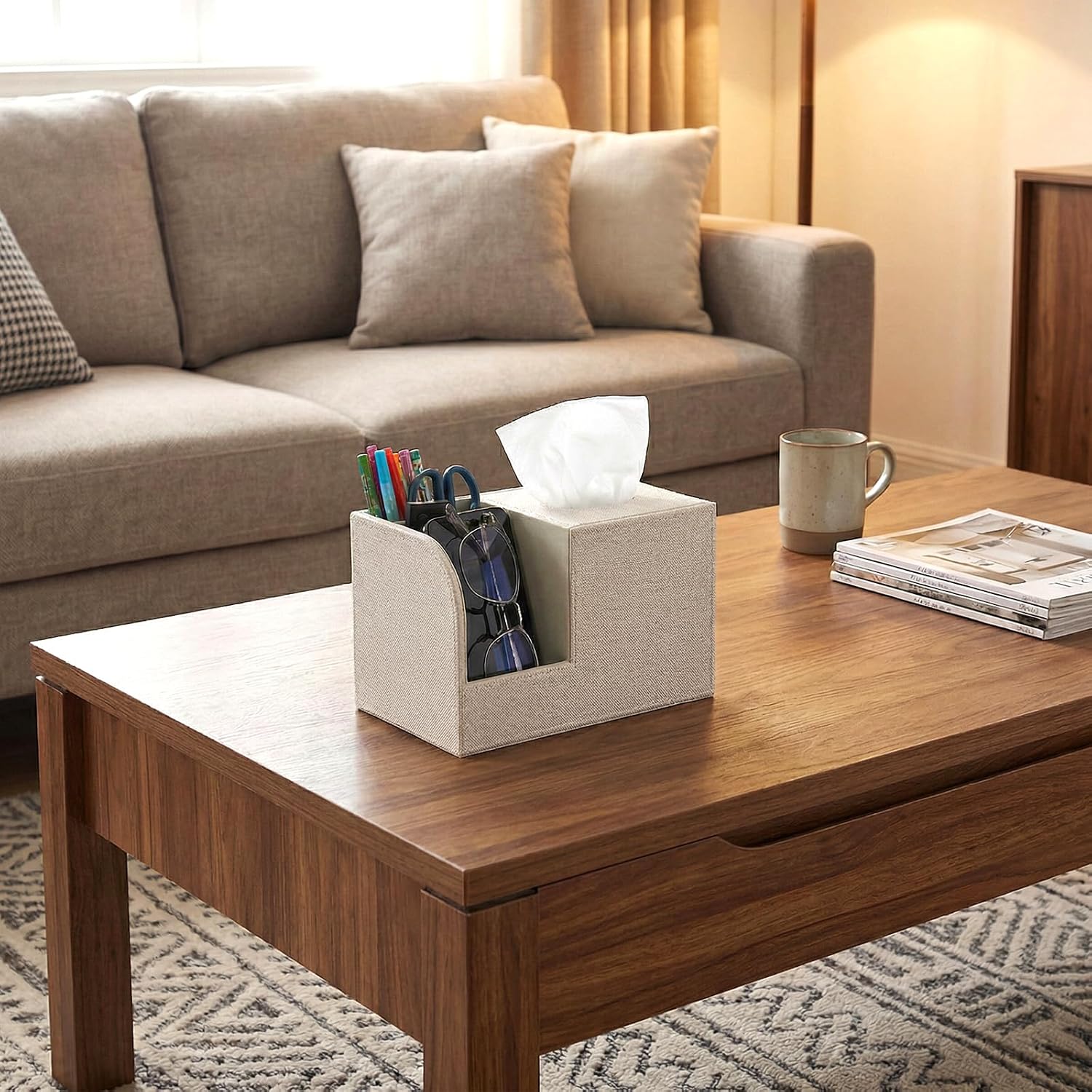 Square Tissue Box Cover, Multifunctional Decorative Holder with Remote Control and Storage Organizer for Living Room, Bathroom, Office, Bedroom, Beige