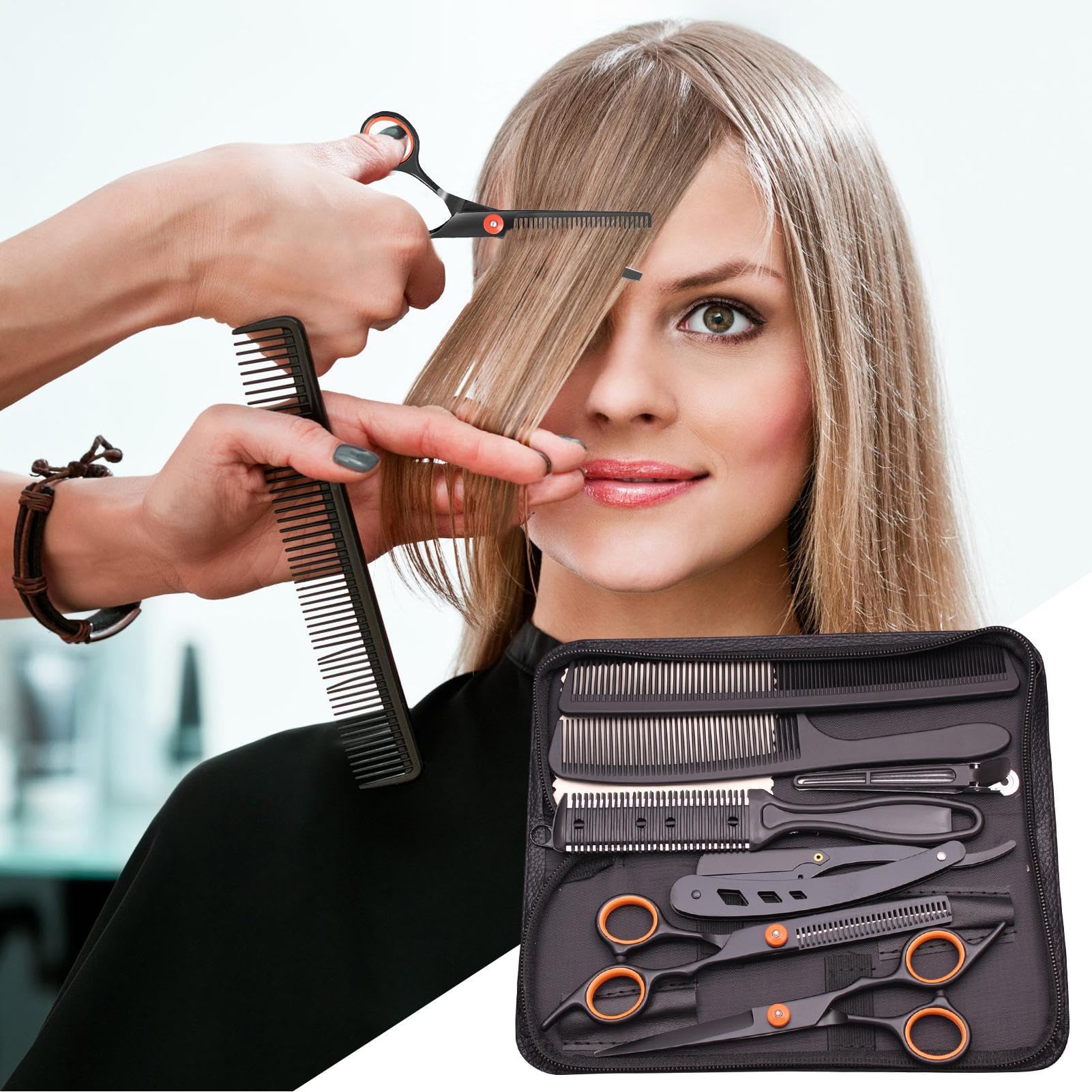 Juego de corte de pelo de peluquería - Juego profesional de cortapelos de acero inoxidable, tijeras rectas, tijeras dentales | Cortapelos para hombres y mujeres, corte de pelo en casa con navaja de