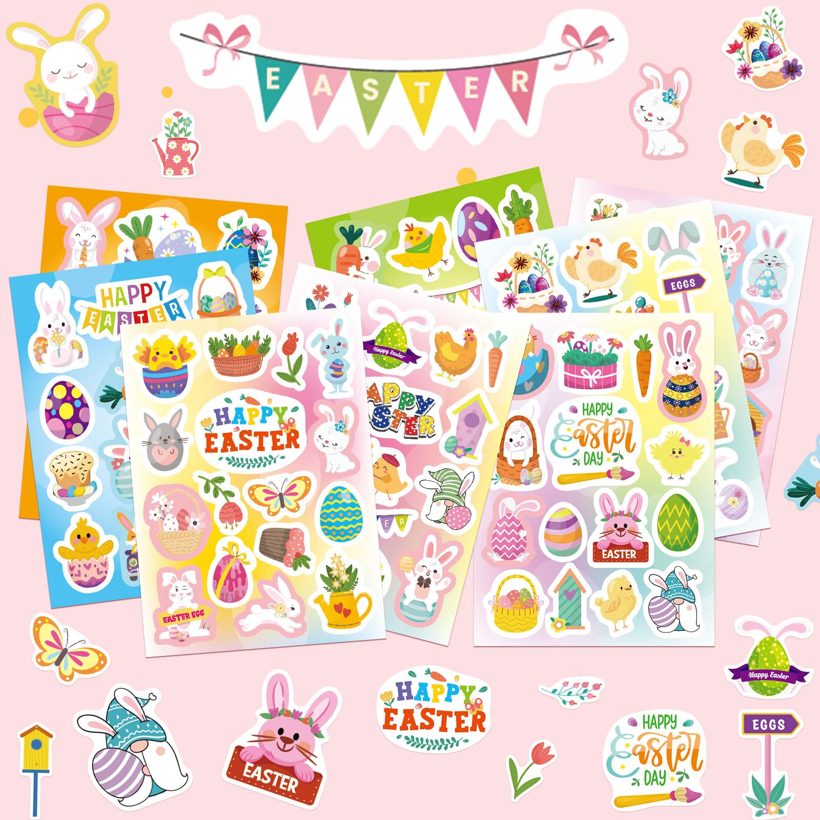Autocollants Pâques 24 Feuilles 342Pcs Gommette Œuf Lapin Carottes Panier Cartes Enveloppes Scrapbooking Enfants Fournitures Fête