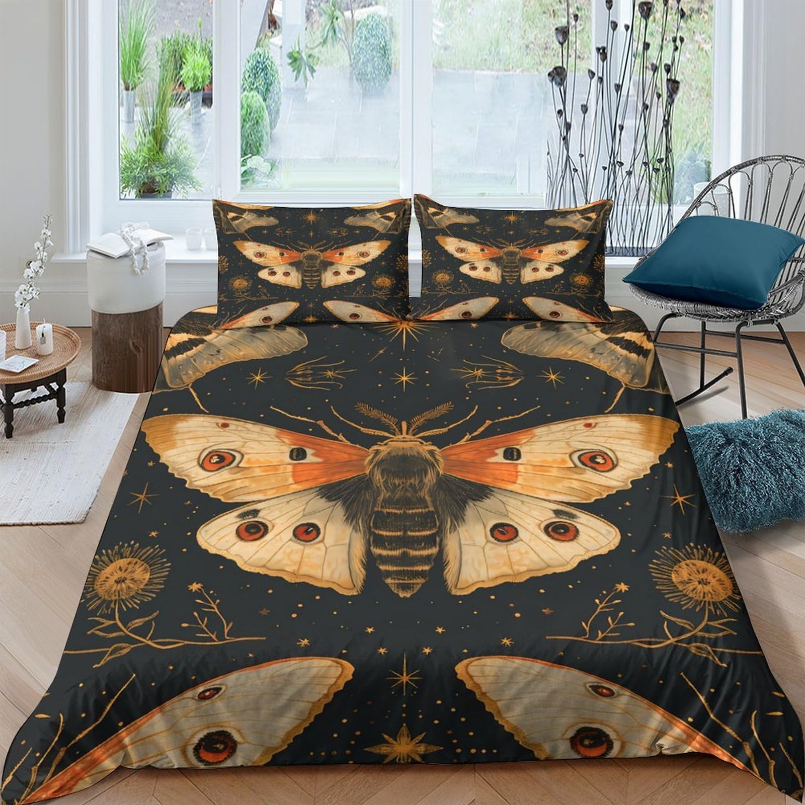 GPLZQXKJNH 3D Printed Vintage Moth Duvet Cover Microfiber Soft Breathable Butterfly Quilt Cover Set with 2 Pillowcases for Bedroom Decor Single（135x200cm）