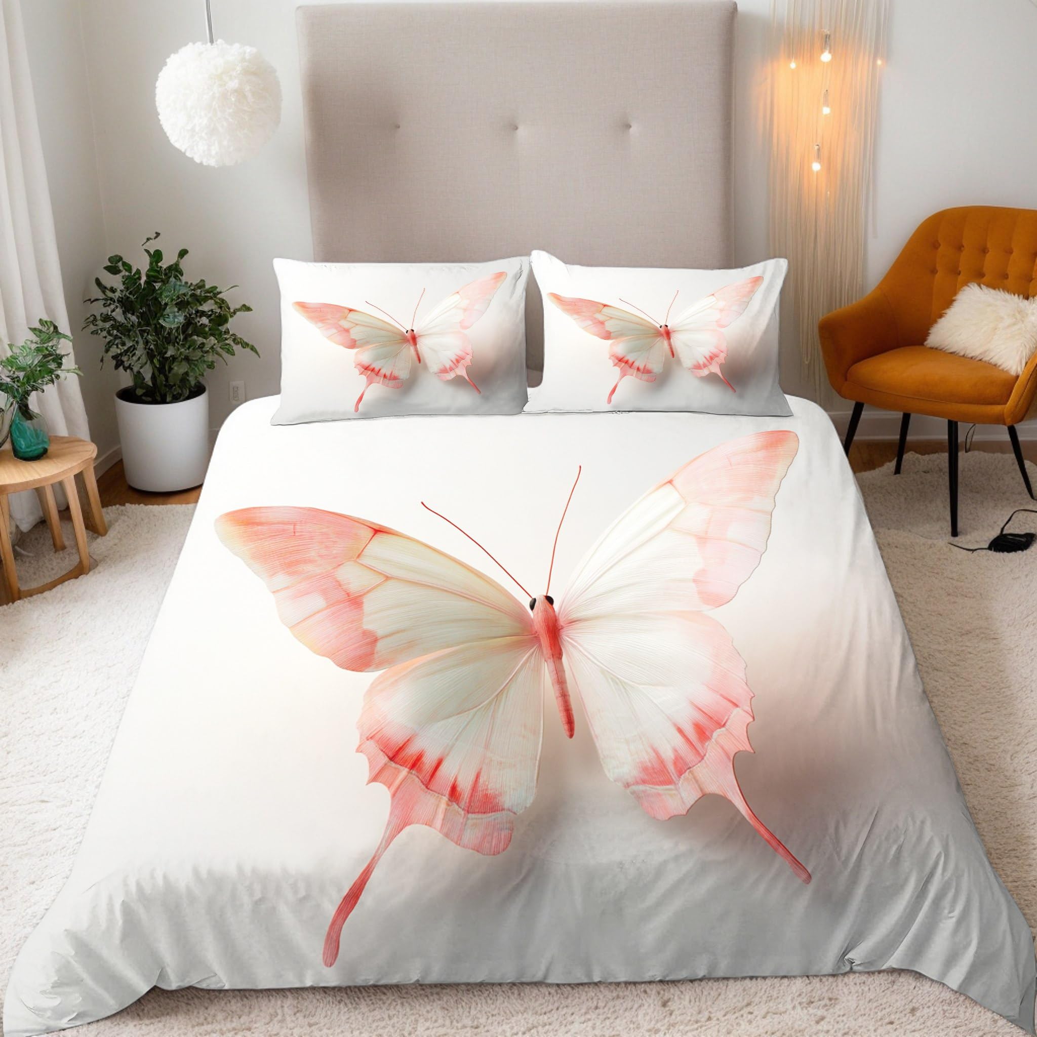 Bedding King Duvet Cover Sets 3D Insect White Butterfly Print Quilt Cover 230x220 cm Microfiber Comfortable Breathable Comforter Cover + 2 Pillow Cases With Zipper Fixable Corner Straps