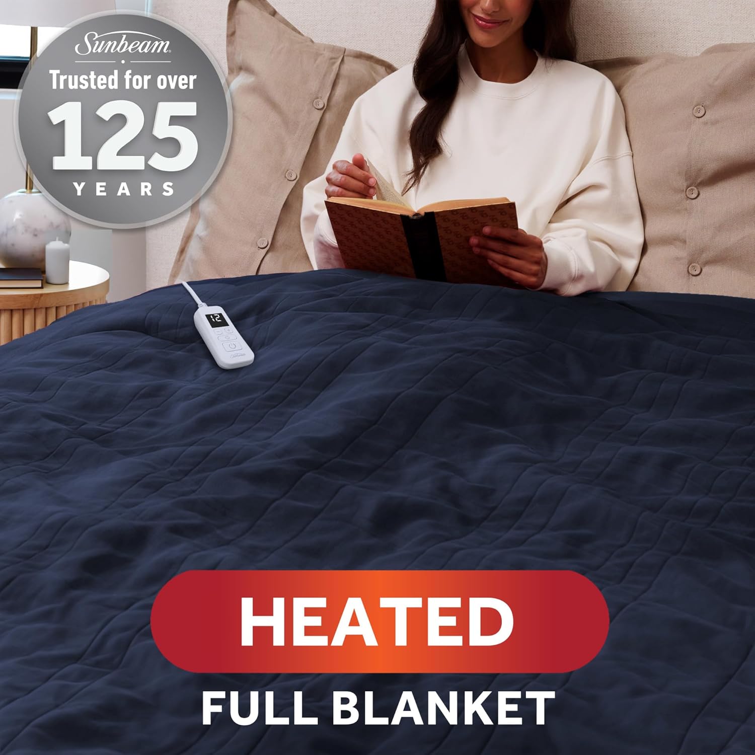 Sunbeam Royal Ultra Fleece Heated Electric Blanket Full Size, 84" x 72", 12 Heat Settings, 12-Hour Selectable Auto Shut-Off, Fast Heating, Machine Washable, Warm and Cozy, Indigo - Image 2