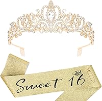 Vista 10 de YARIEW Sweet 16 Birthday Decorations for Girls, Sweet 16 Sash and Tiara, Birthday Crown and Sash, 16th Birthday Gifts Oro rosa