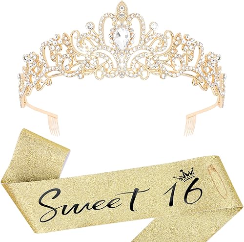 Miniatura 10 de YARIEW Sweet 16 Birthday Decorations for Girls, Sweet 16 Sash and Tiara, Birthday Crown and Sash, 16th Birthday Gifts Oro rosa