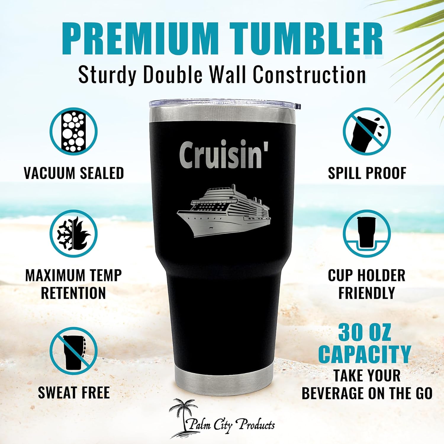 Premium 30 oz Cruise Ship Tumbler with Slider Lid - Black Stainless Steel, Insulated Travel Tumbler for Cruise Lovers, Keeps Drinks Hot/Cold, Perfect Souvenir or Gift for Cruise Enthusiasts - Image 4