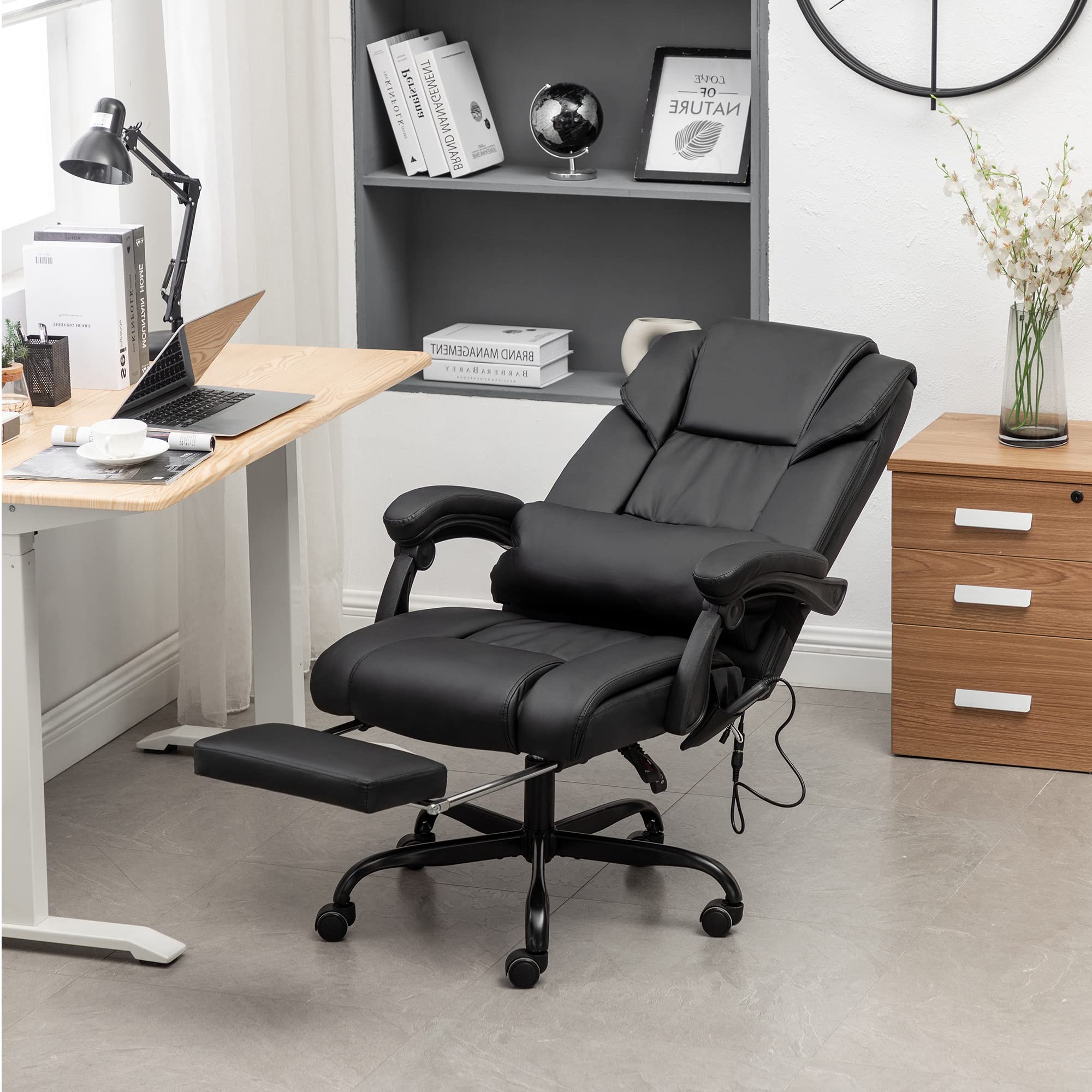 Massage Office Chair with Extendable Footrest, Pu Leather