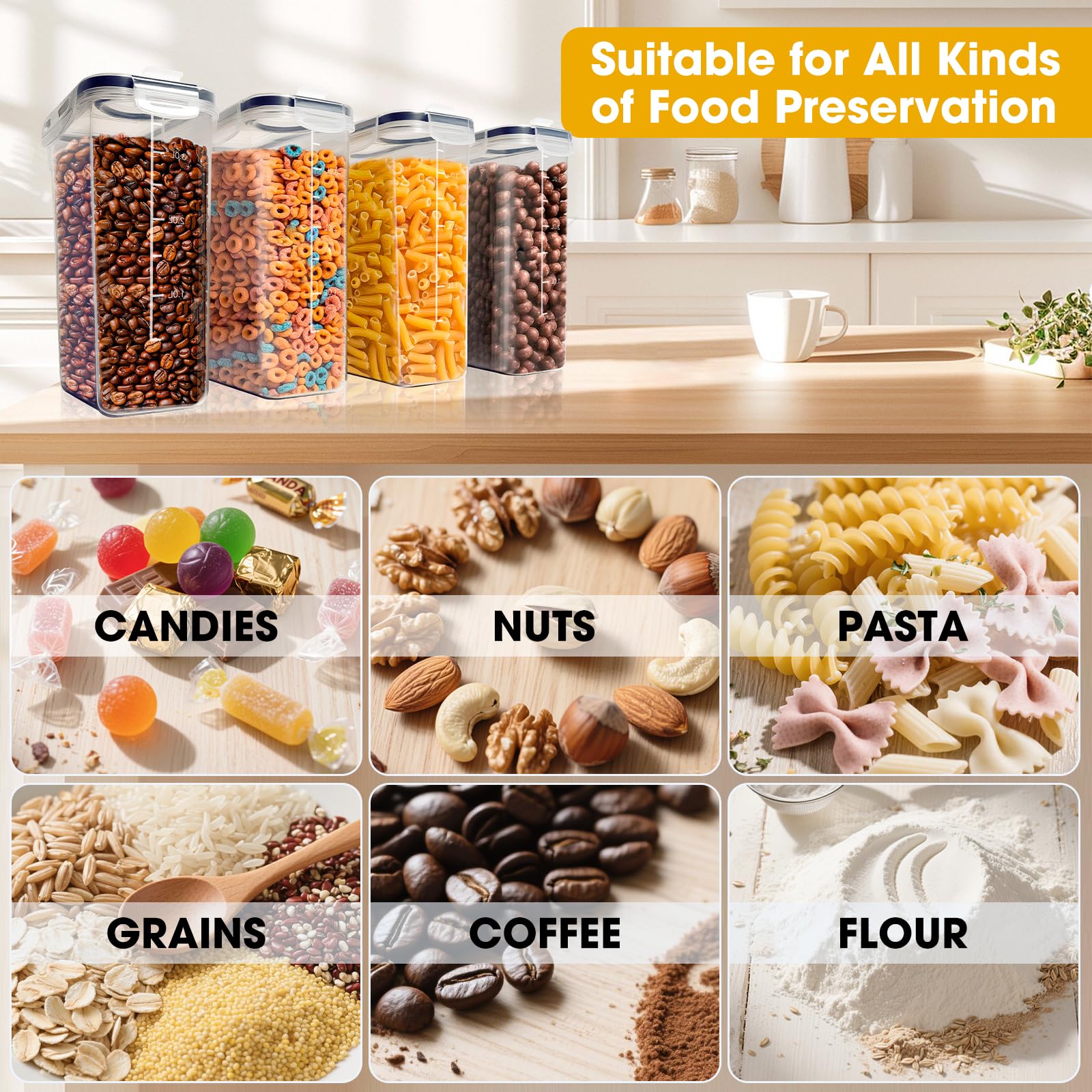 Romon Contenitori Ermetici Alimenti, 2.5L Scatola Portaoggetti da Cucina Confezione da 4, Barattoli Alimentari Plastica Sigillati con Coperchio per Conservare Cereali Pasta Farina Animali Domestici